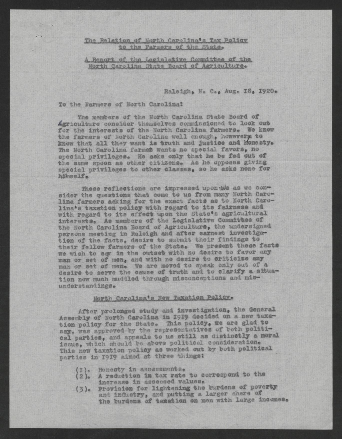 Report of the Legislative Committee of the North Carolina State Board of Agriculture, August 18, 1920, page 1
