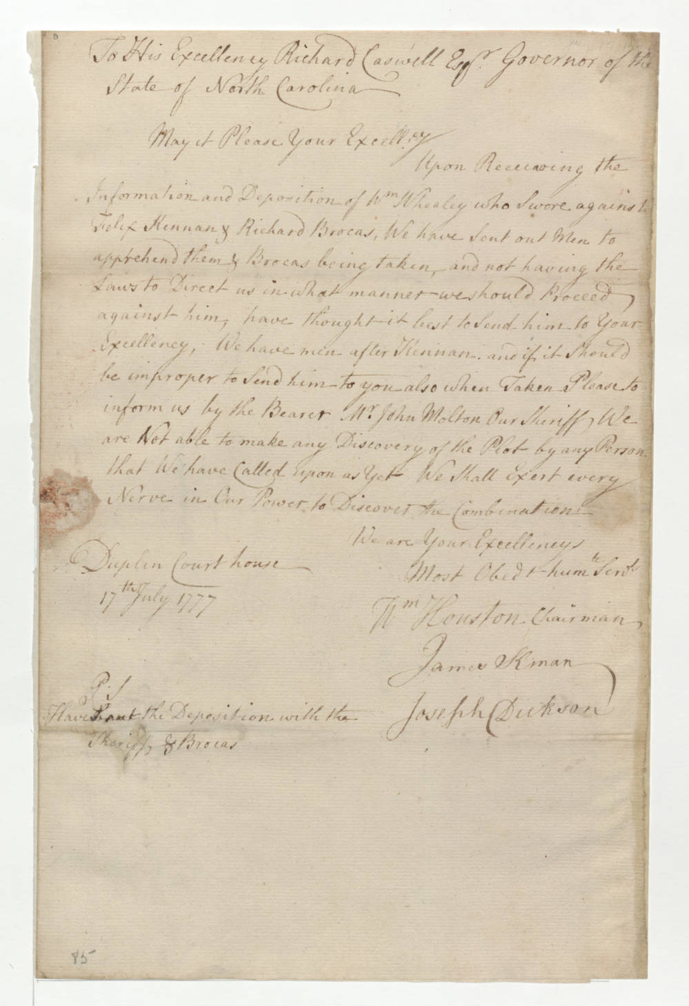 Letter from William Houston, James Kenan, and Joseph Dickson to Richard Caswell, 17 July 1777, page 1