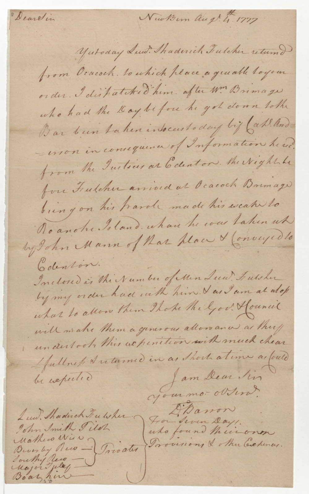 Letter from David Barron to Richard Caswell, 4 August 1777, page 1