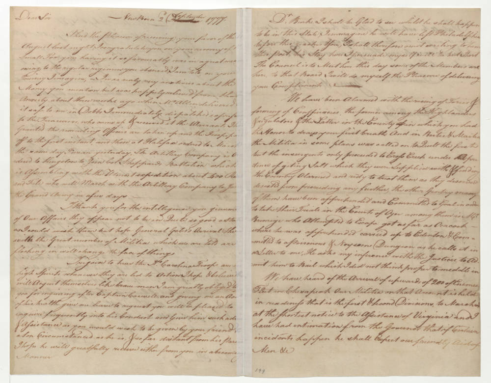Letter from Richard Caswell to Cornelius Harnett and John Penn, 2 September 1777, page 1