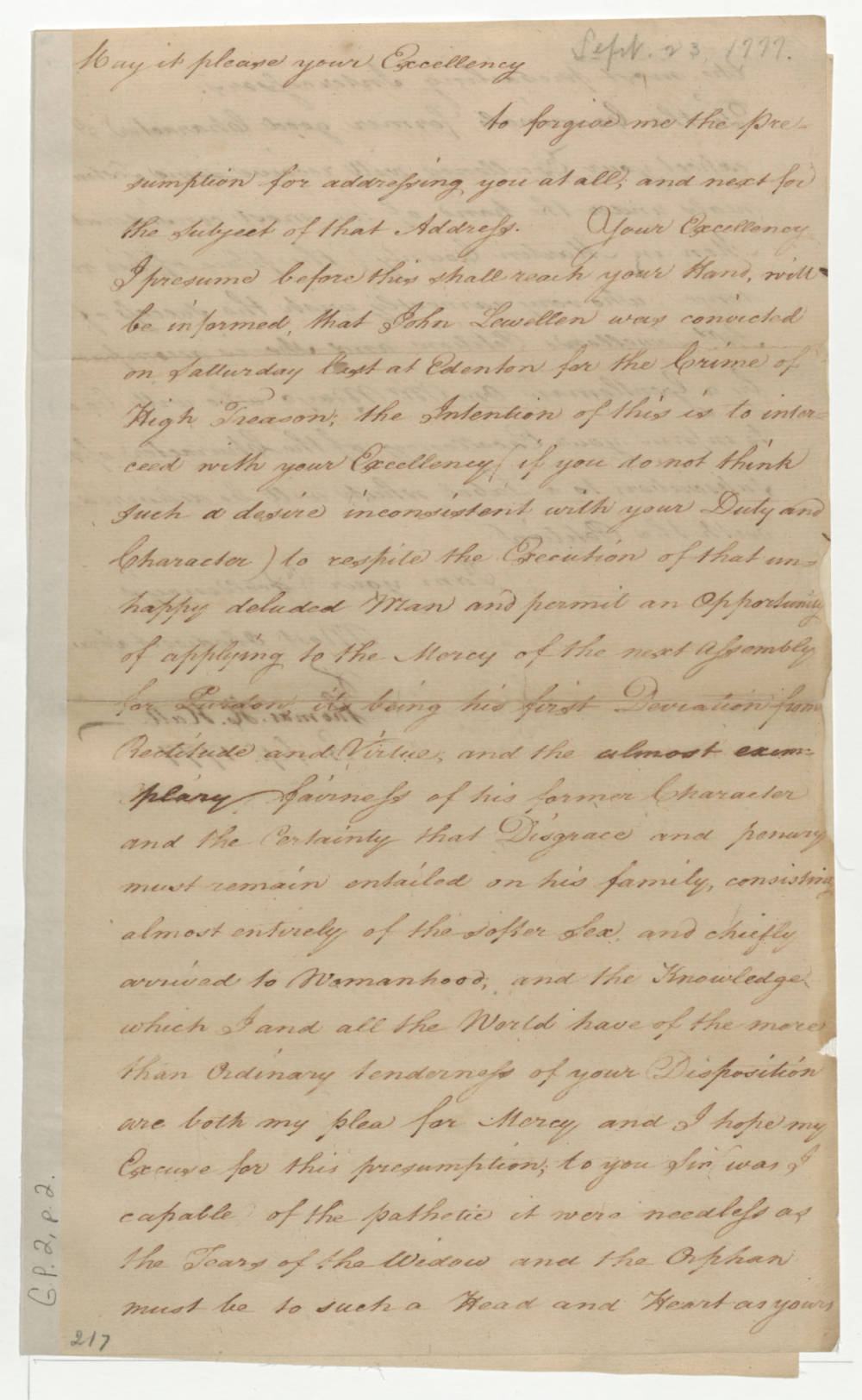 Petition from Thomas H. Hall to Richard Caswell, 23 September 1777, page 1