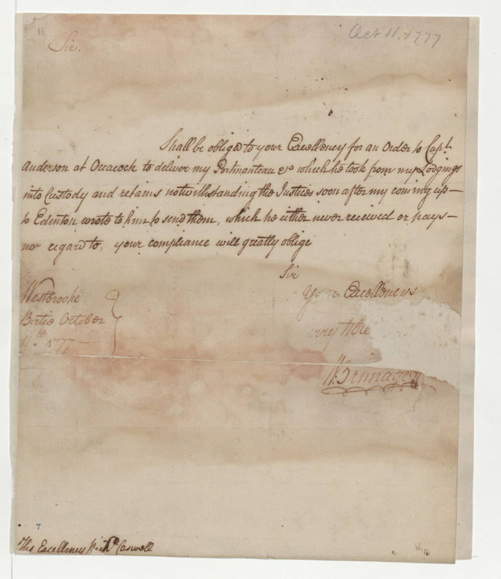 Letter from William Brimage to Richard Caswell, 11 October 1777, page 1