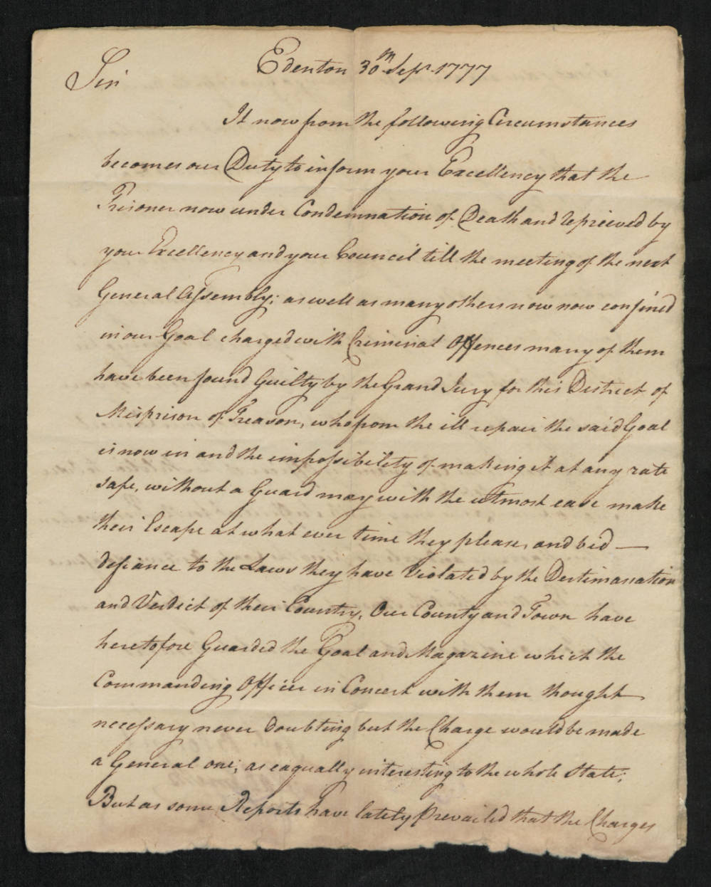 Letter from Joseph Blount, Robert Smith, and Charles Bondfield to Richard Caswell, 30 September 1777, page 1