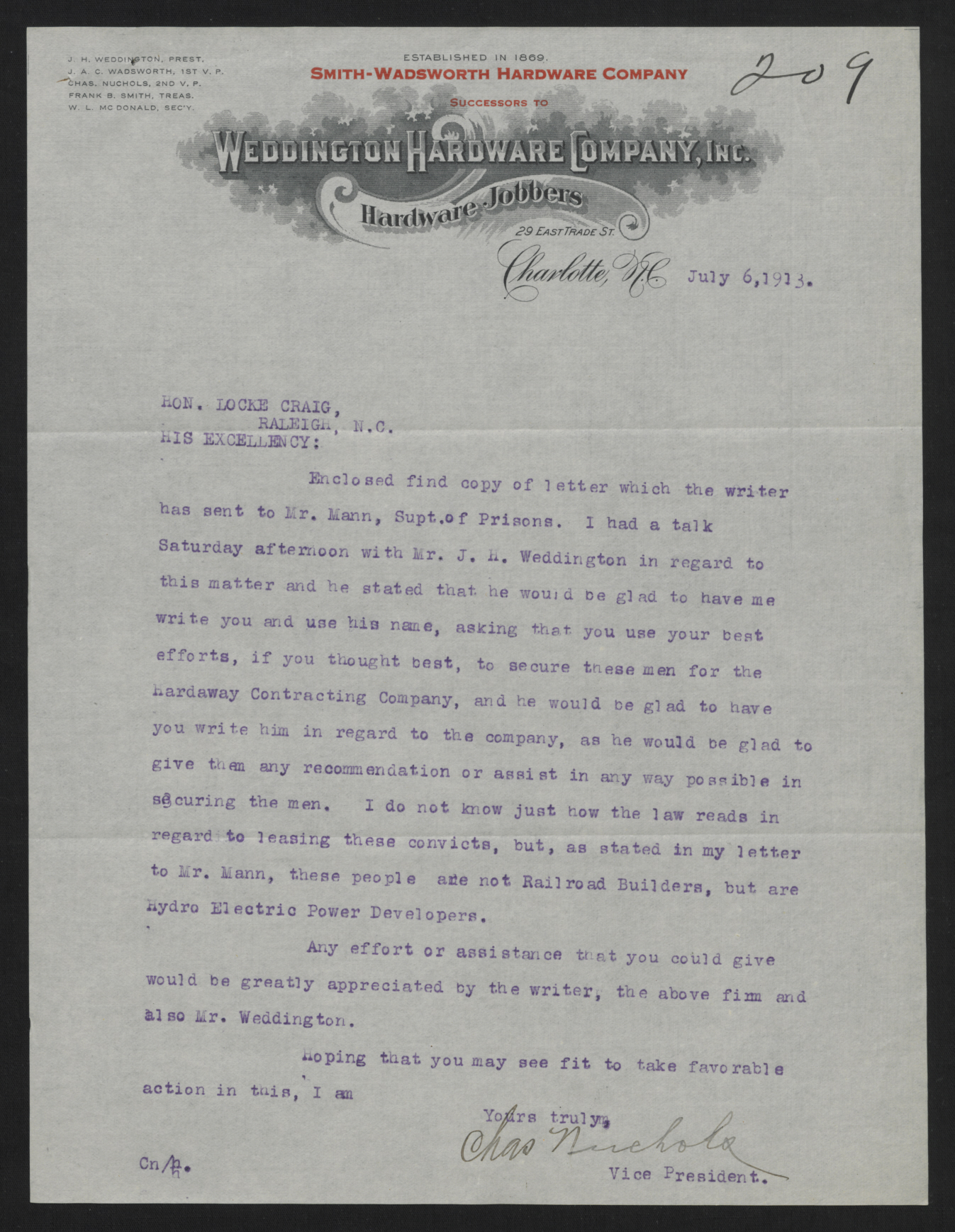 Letter from Nuchols to Craig, July 6, 1913