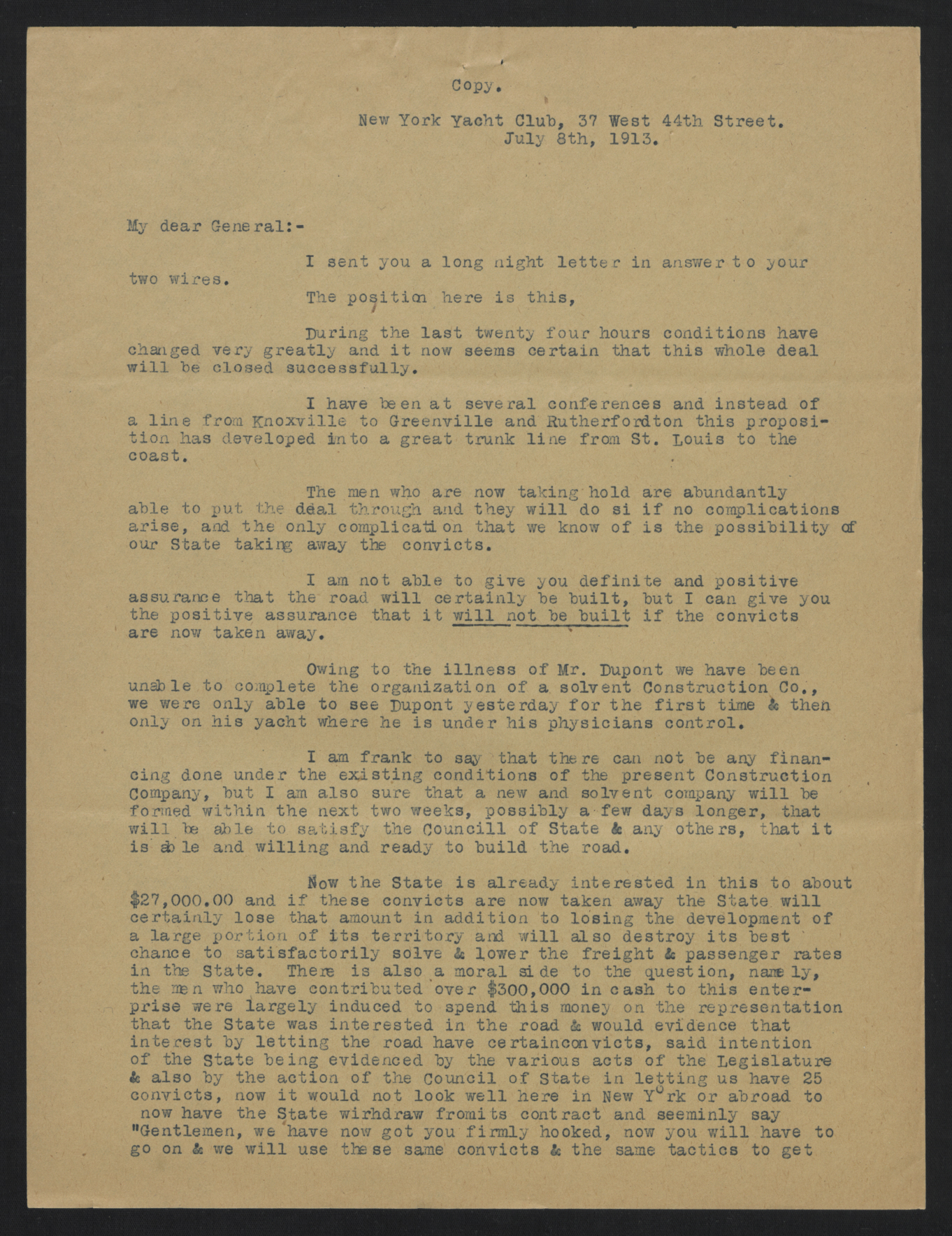 Letter from Breese to Davidson, July 8, 1913, page 1