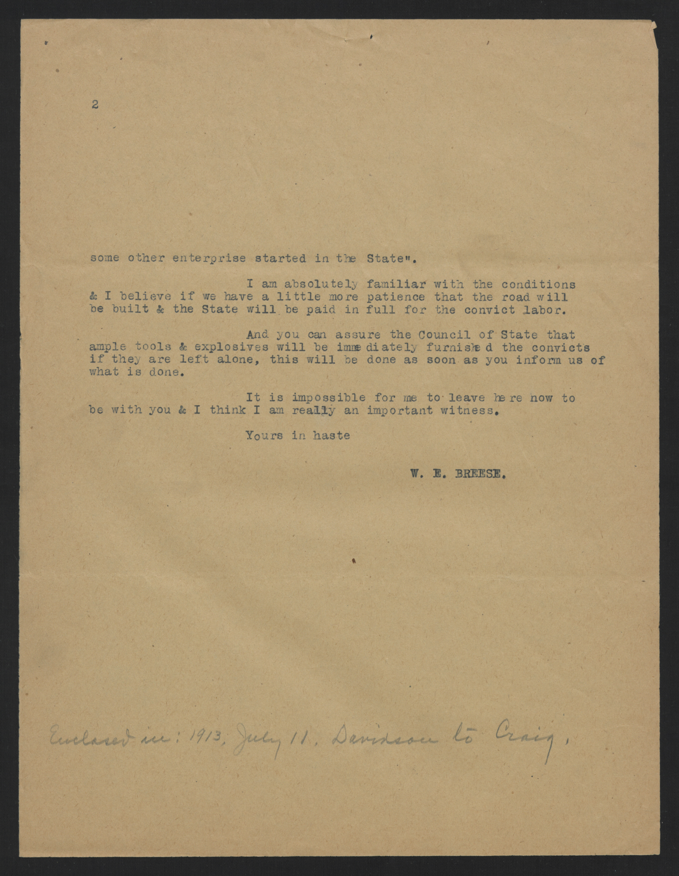 Letter from Breese to Davidson, July 8, 1913, page 2