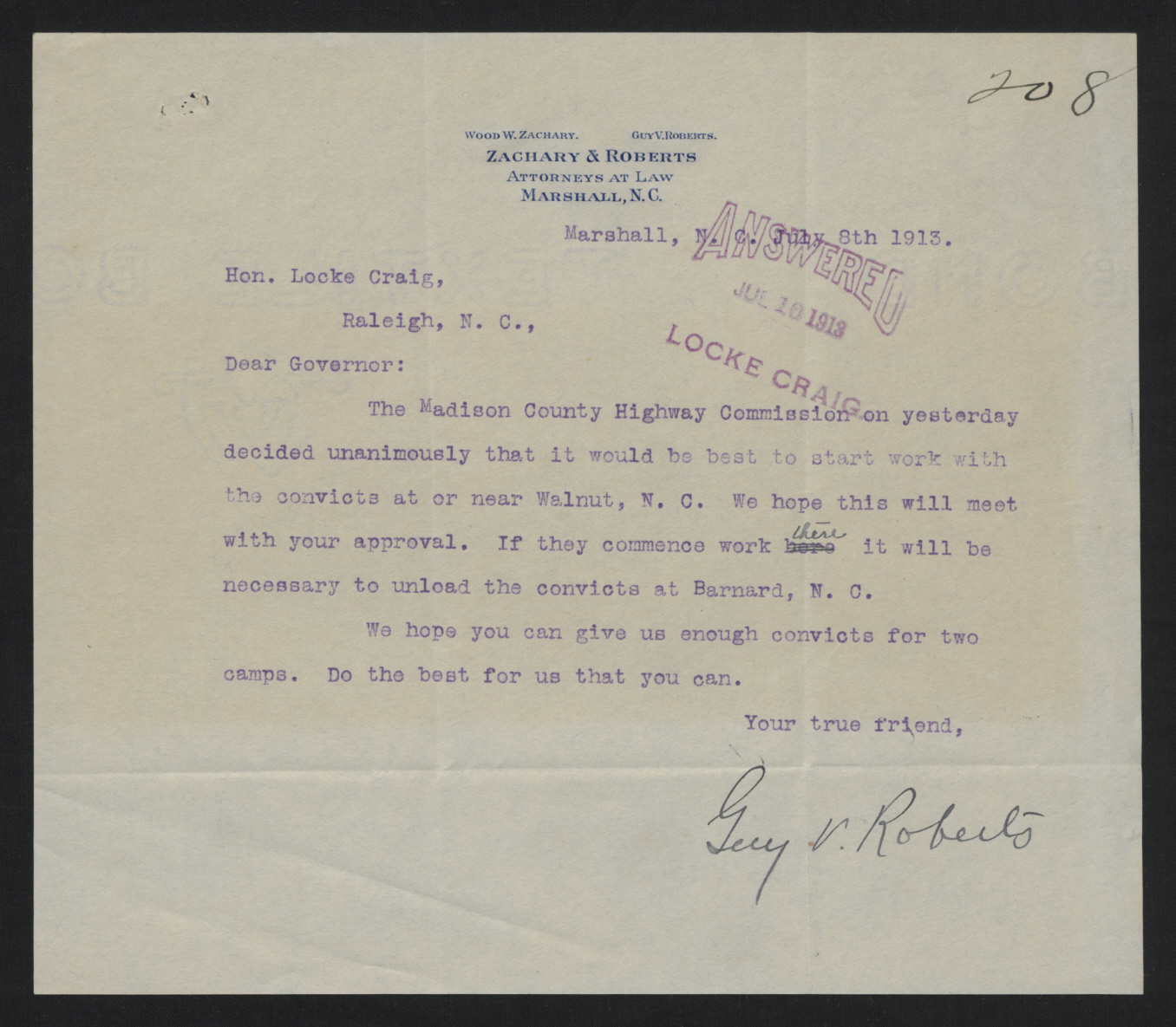Letter from Roberts to Craig, July 8, 1913