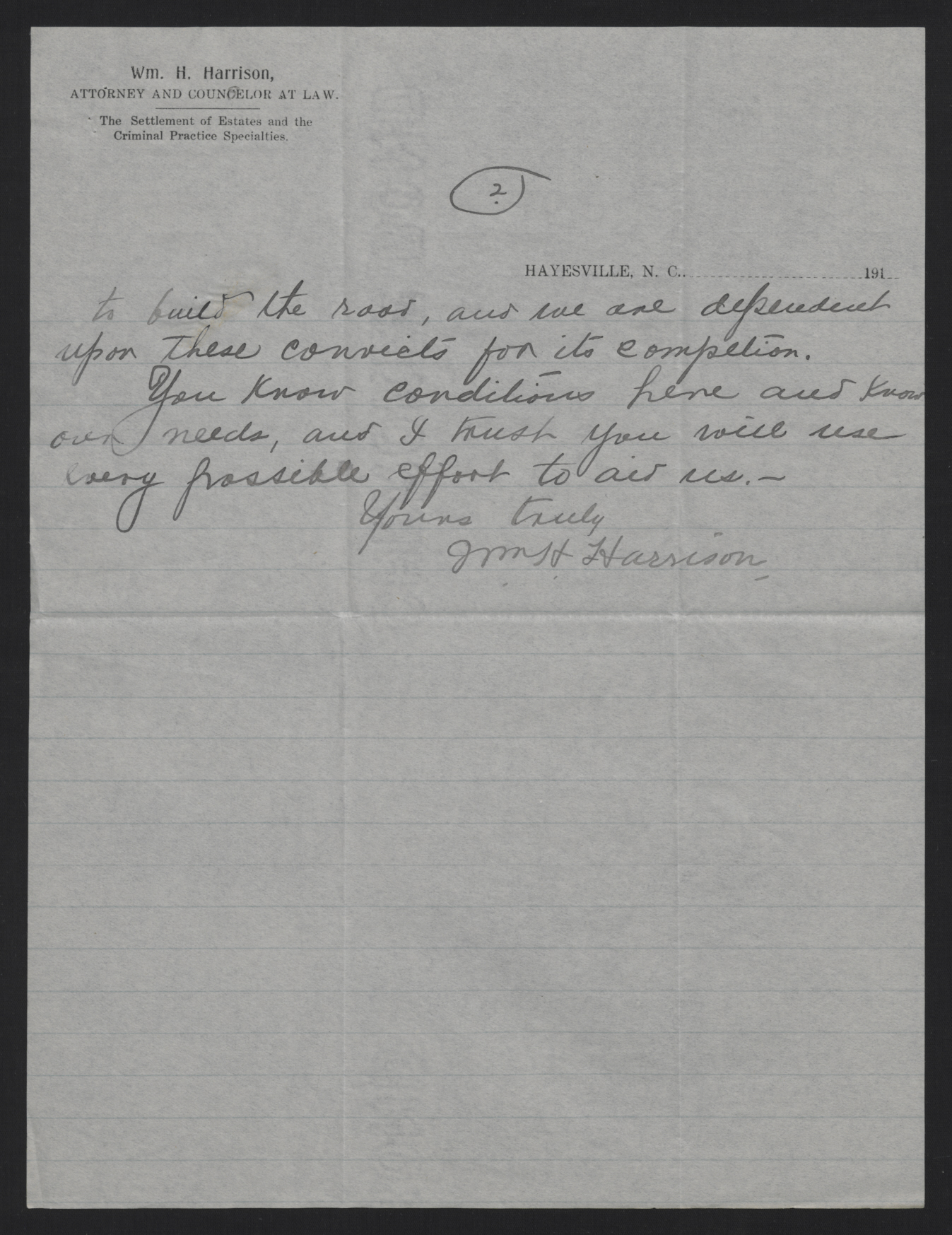 Letter from Harrison to Craig, July 9, 1913, page 2