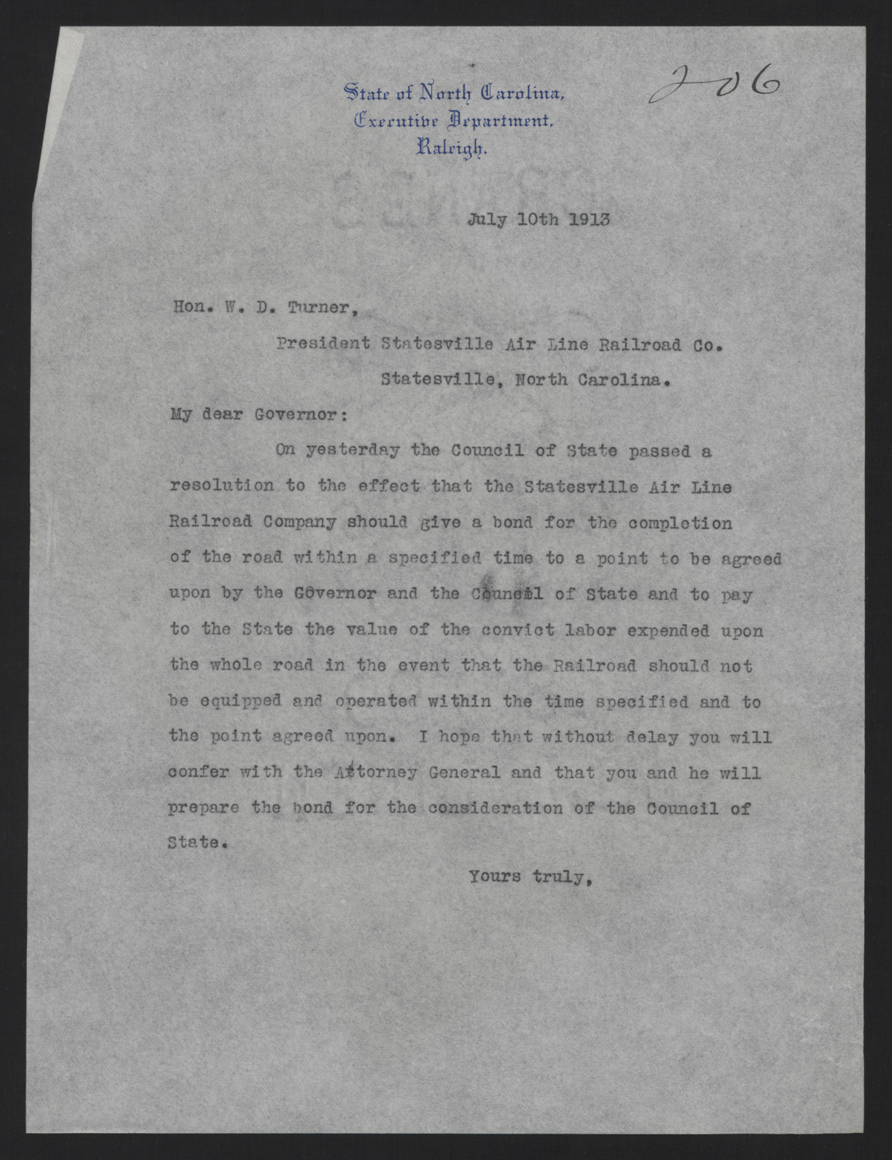 Letter from Craig to Turner, July 10, 1913