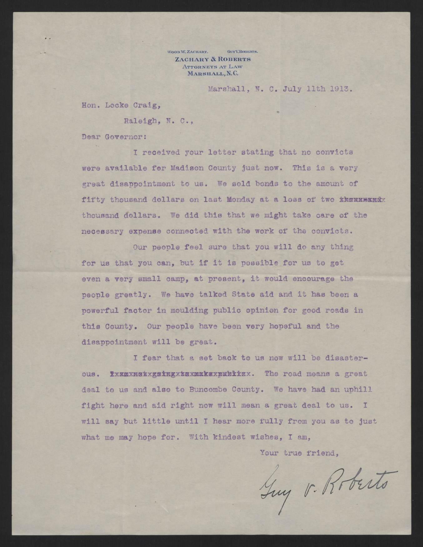 Letter from Roberts to Craig, July 11, 1913