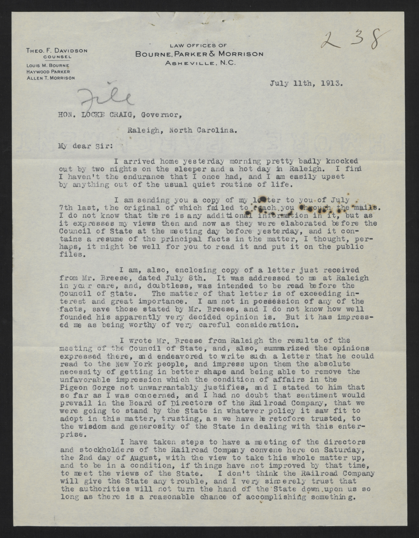 Letter from Davidson to Craig, July 11, 1913, page 1