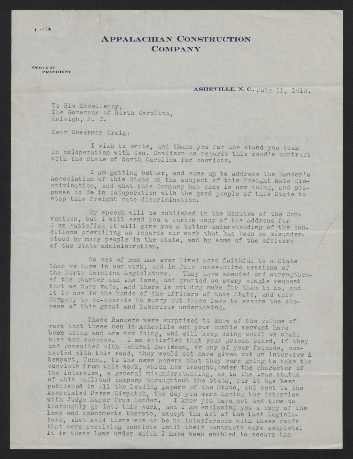 Letter from Jones to Craig, July 11, 1913, page 1