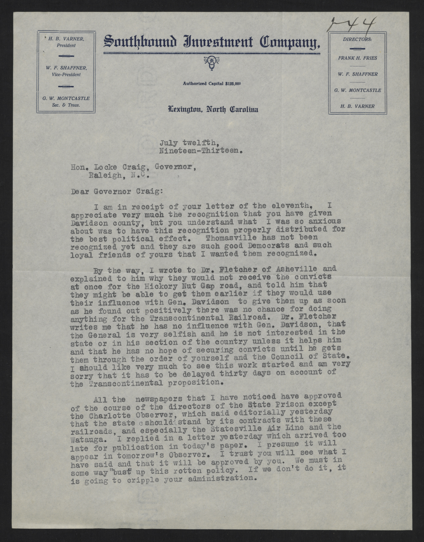 Letter from Varner to Craig, July 12, 1913, page 1