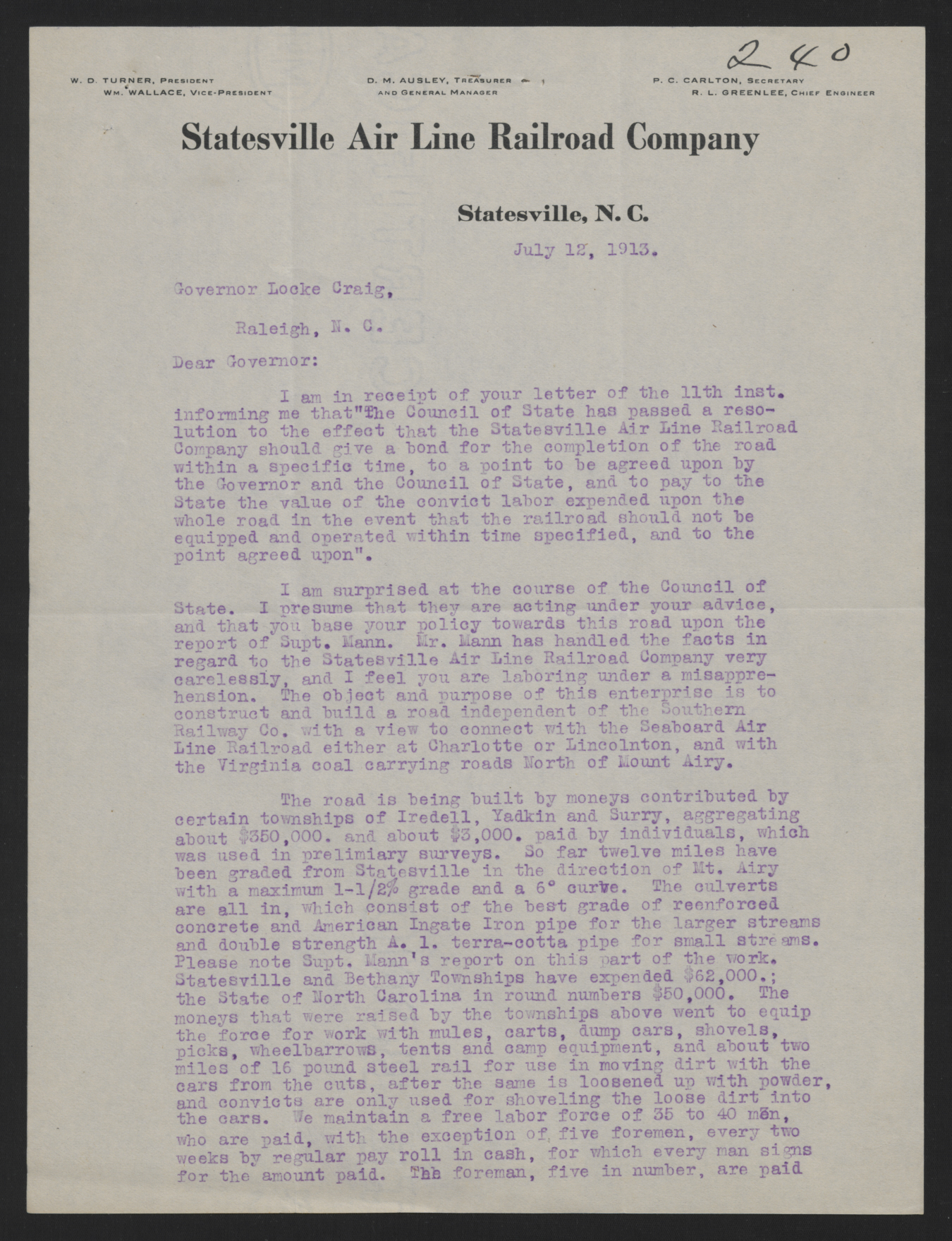 Letter from Turner to Craig, July 12, 1913 page 1