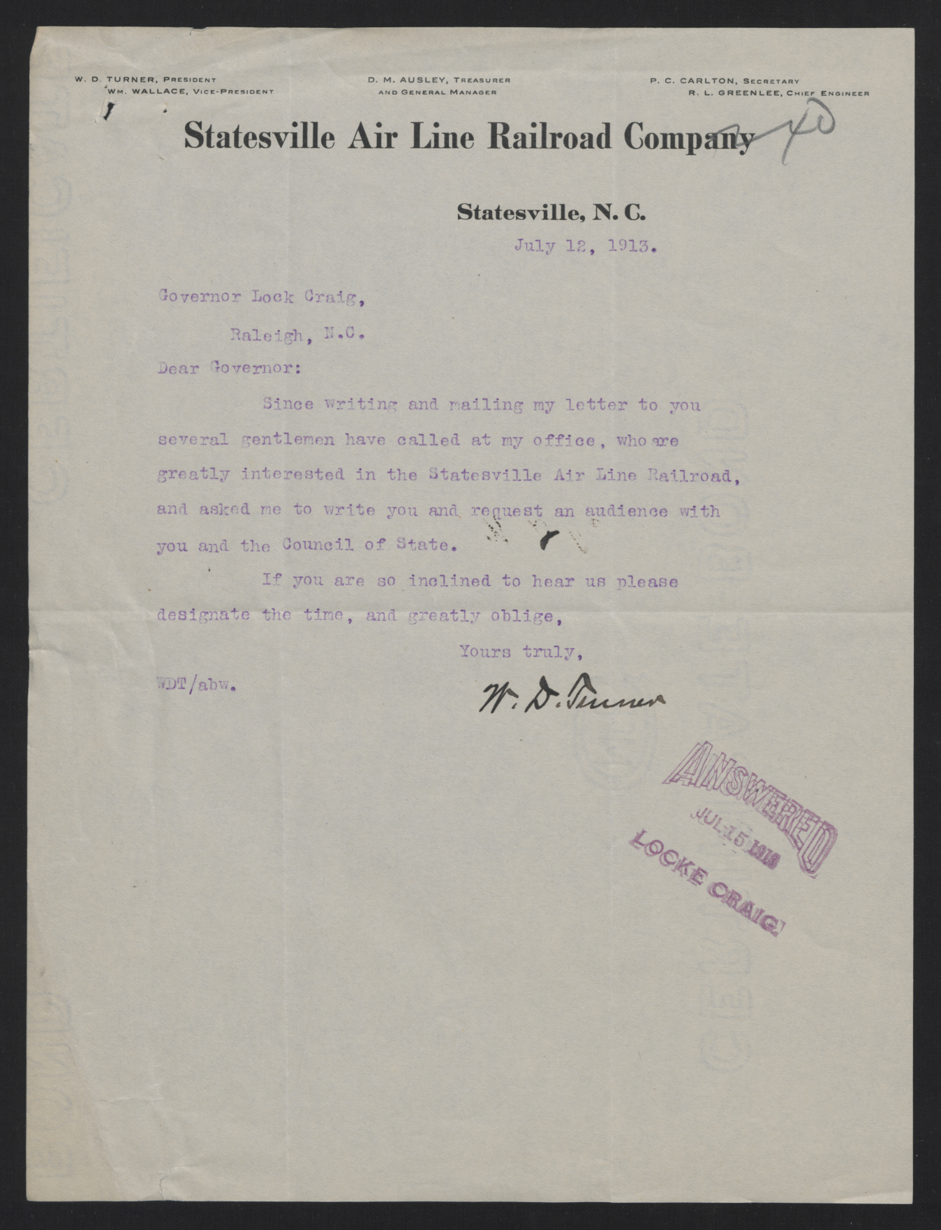 Letter from Turner to Craig, July 12, 1913