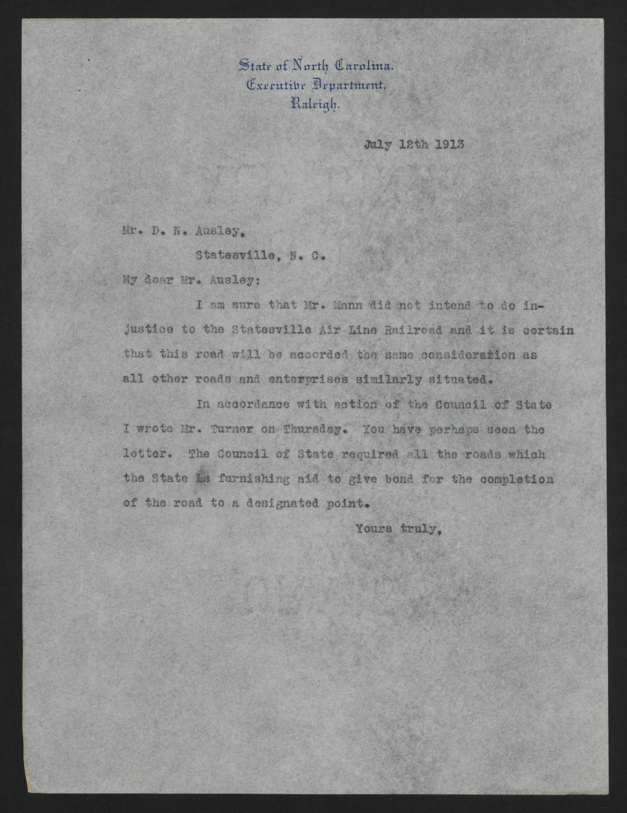 Letter from Craig to Ausley, July 12, 1913