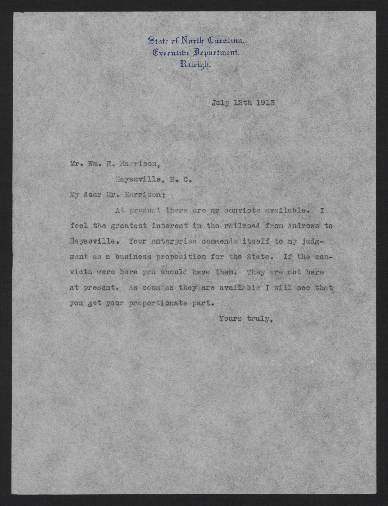 Letter from Craig to Harrison, July 12, 1913
