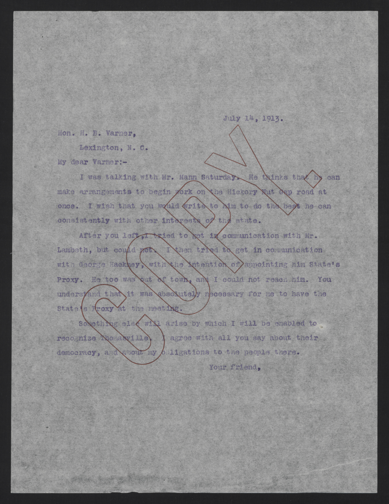 Letter from Craig to Varner, July 14, 1913