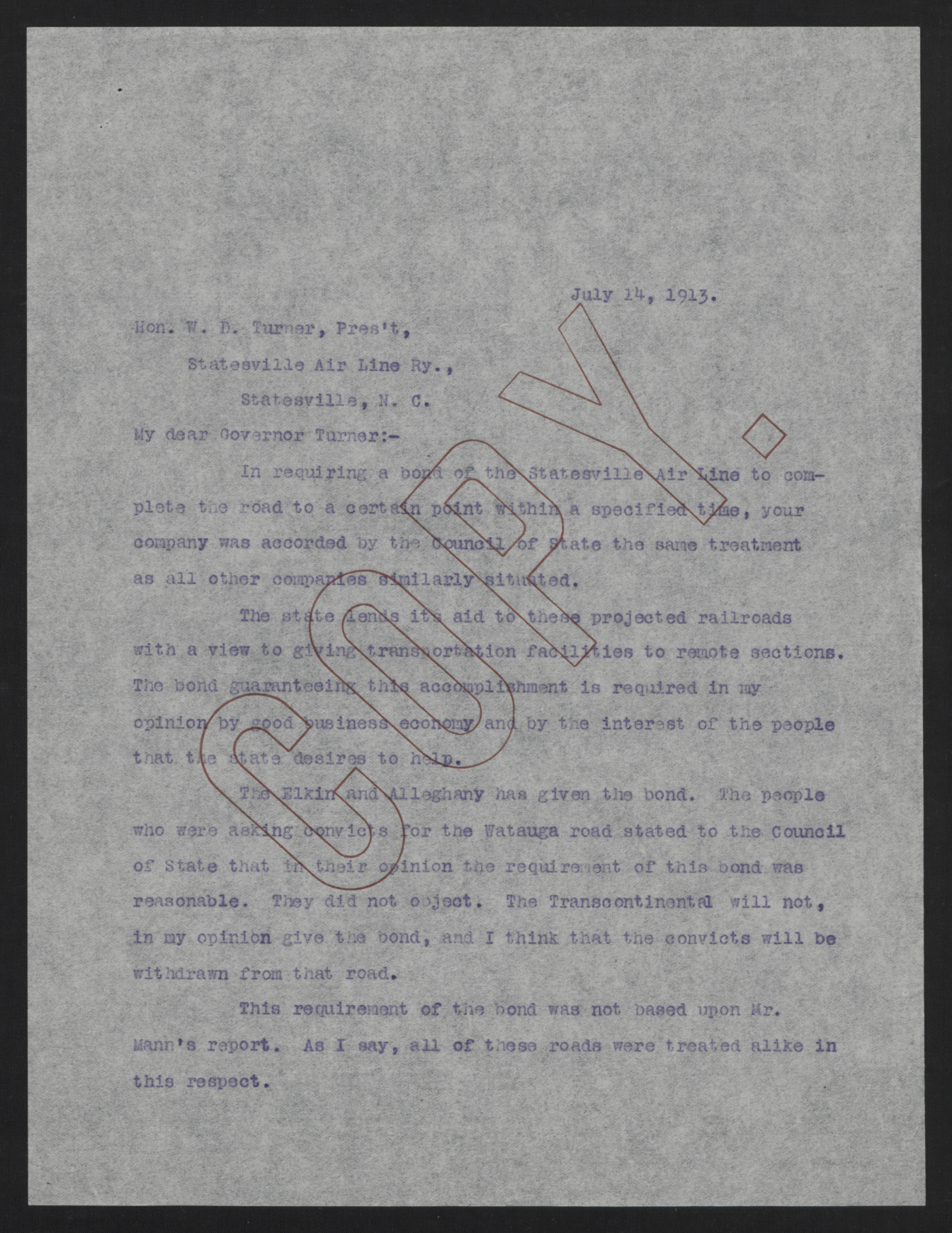 Letter from Craig to Turner, July 14, 1913, page 1