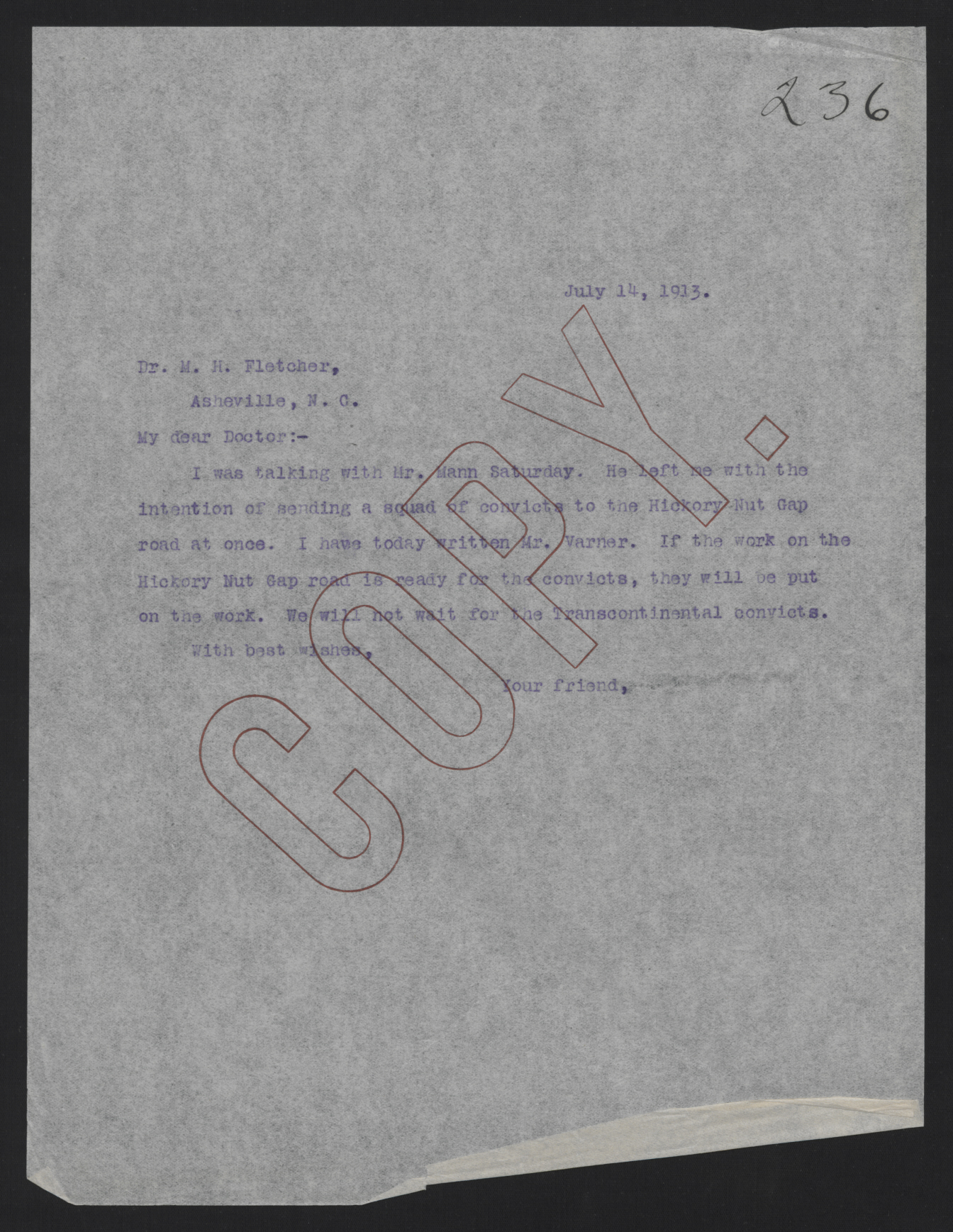 Letter from Craig to Fletcher, July 14, 1913