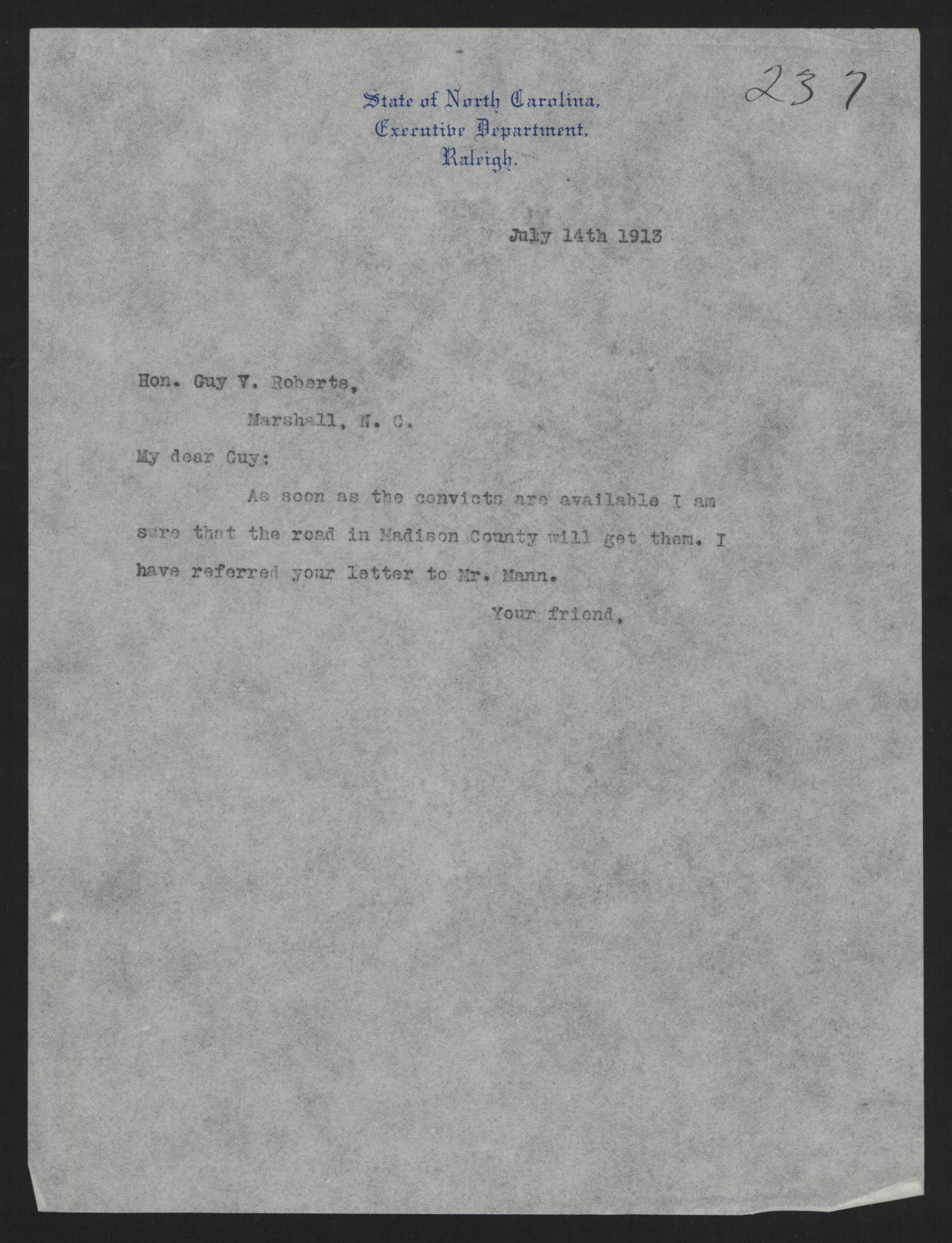Letter from Craig to Roberts, July 14, 1913