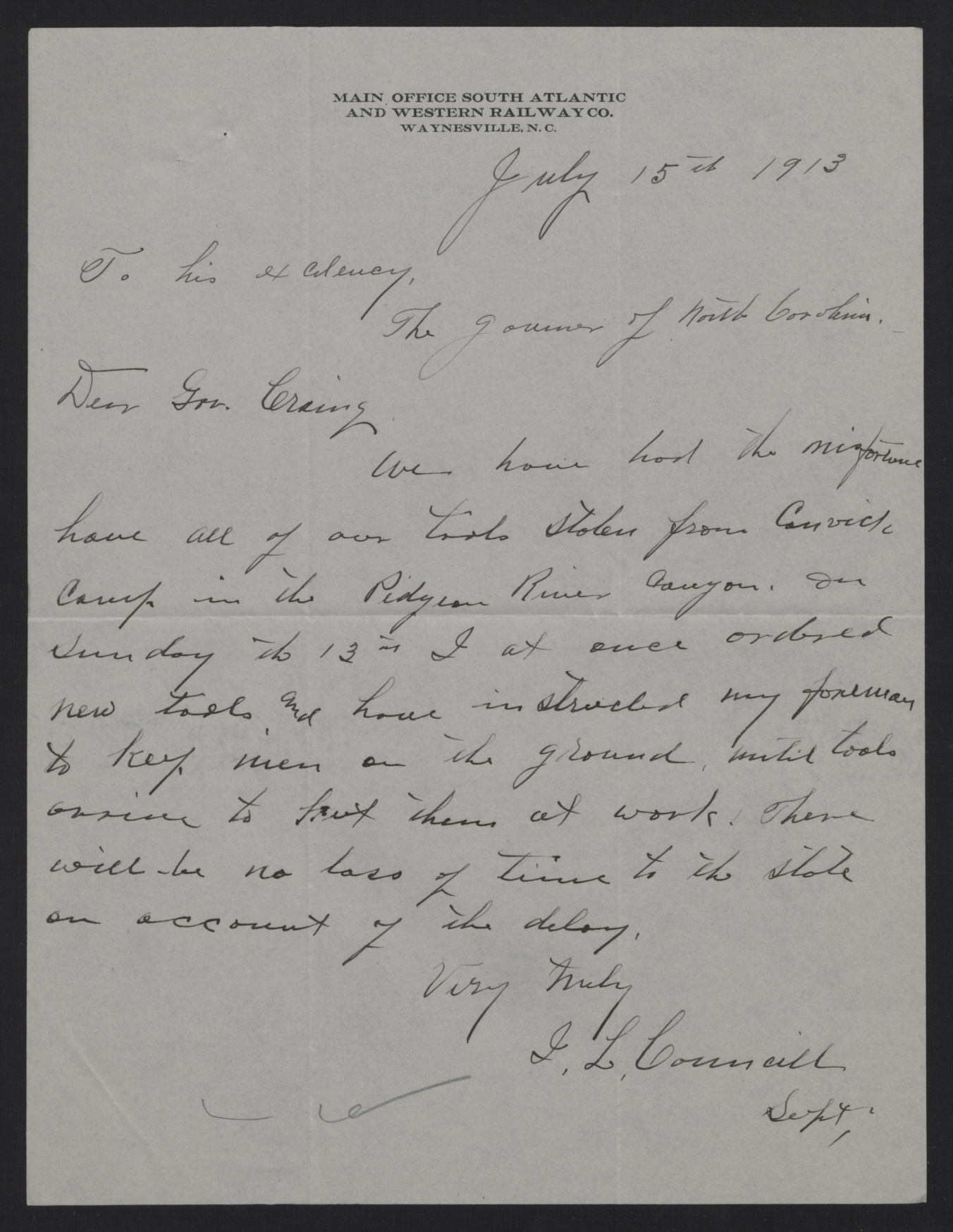 Letter from Councill to Craig, July 15, 1913