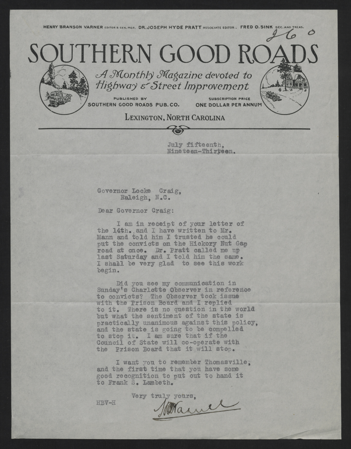 Letter from Varner to Craig, July 15, 1913