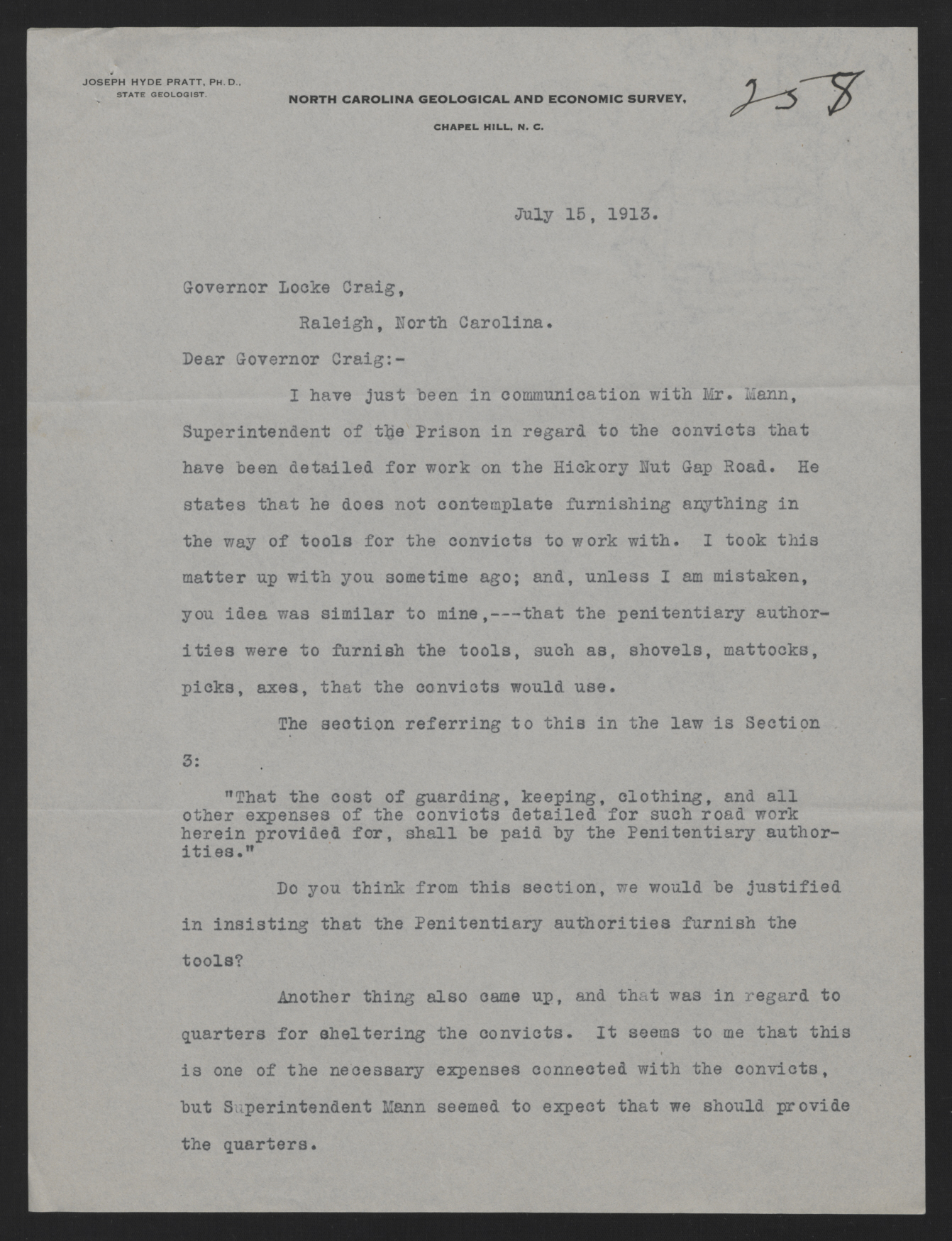 Letter from Pratt to Craig, July 15, 1913, page 1