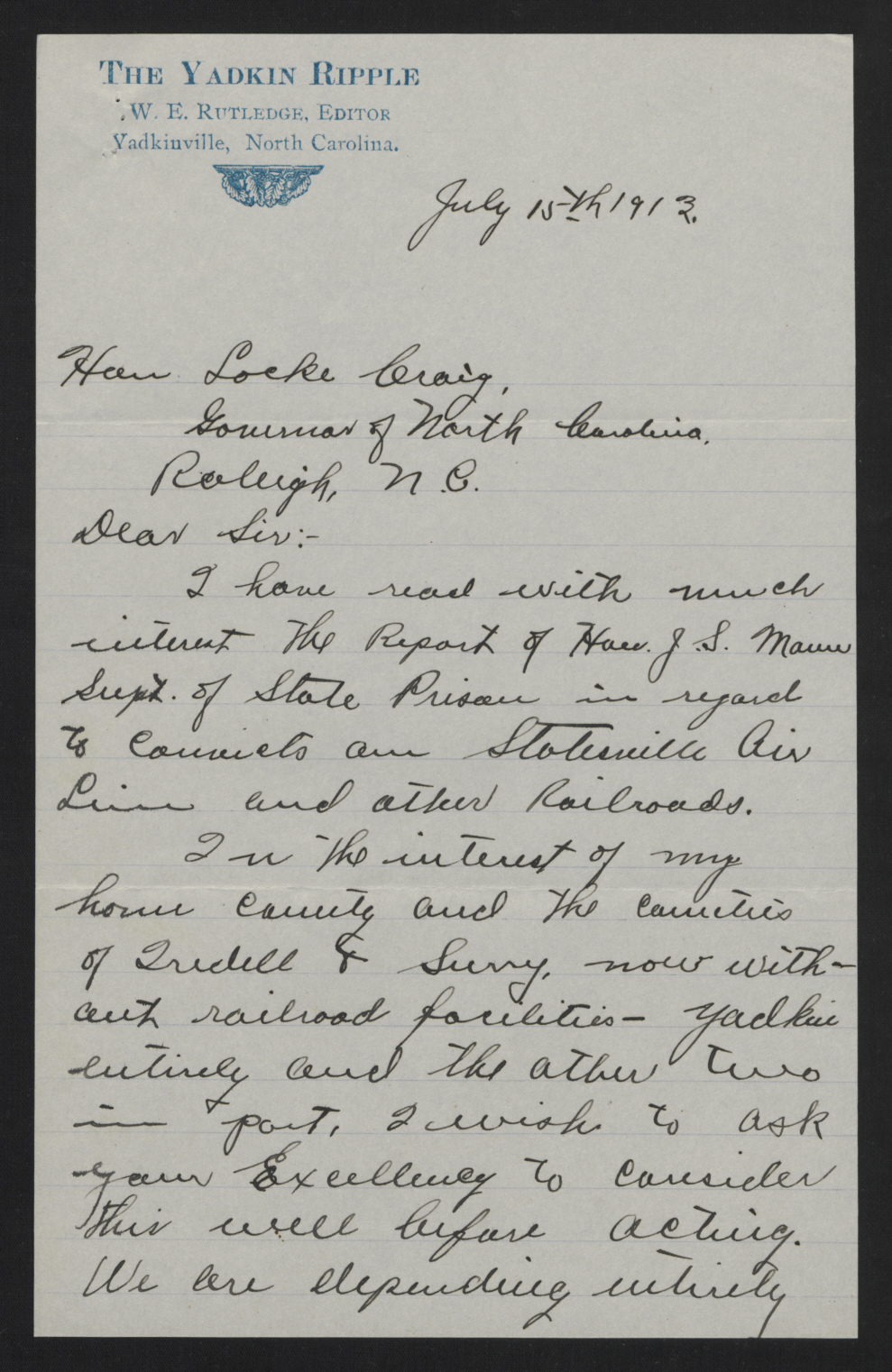 Letter from Rutledge to Craig, July 15, 1913, page 1