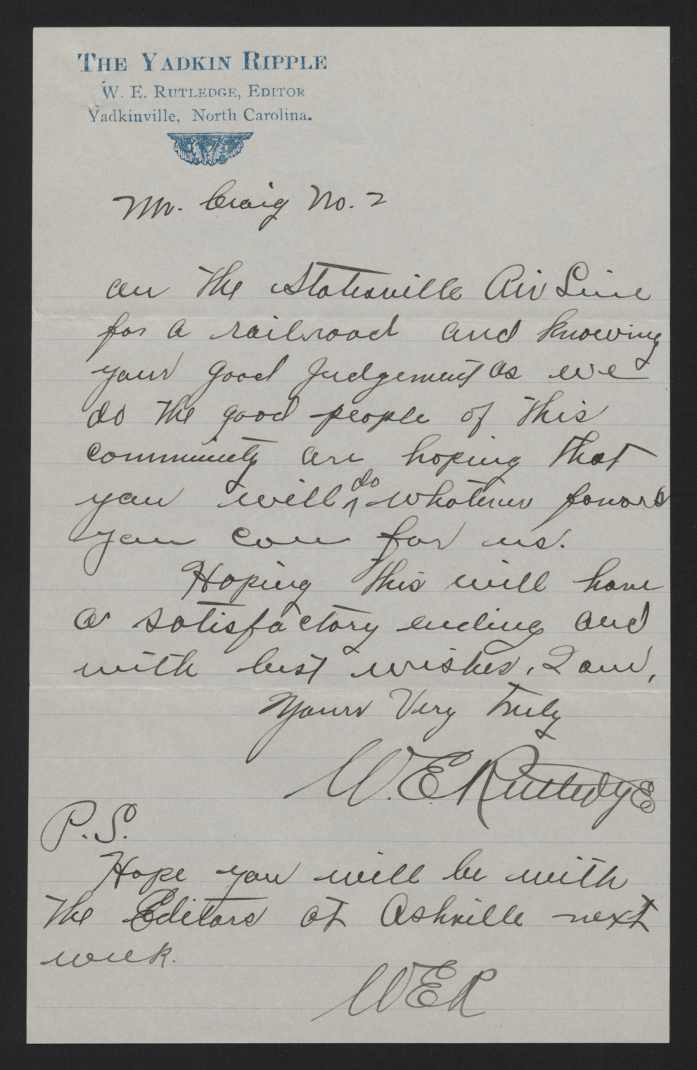 Letter from Rutledge to Craig, July 15, 1913, page 2