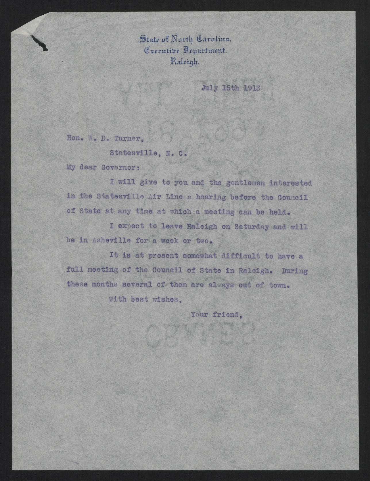 Letter from Craig to Turner, July 15, 1913