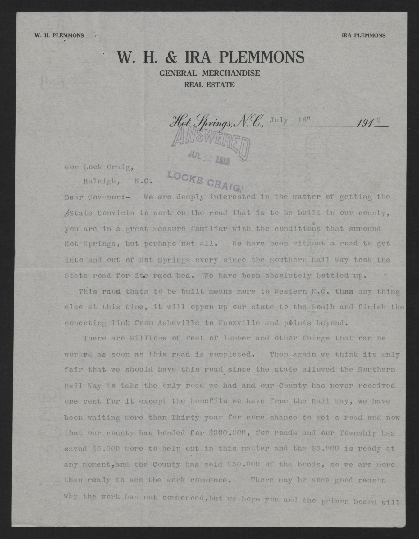 Letter from Plemmons to Craig, July 16, 1913, page 1