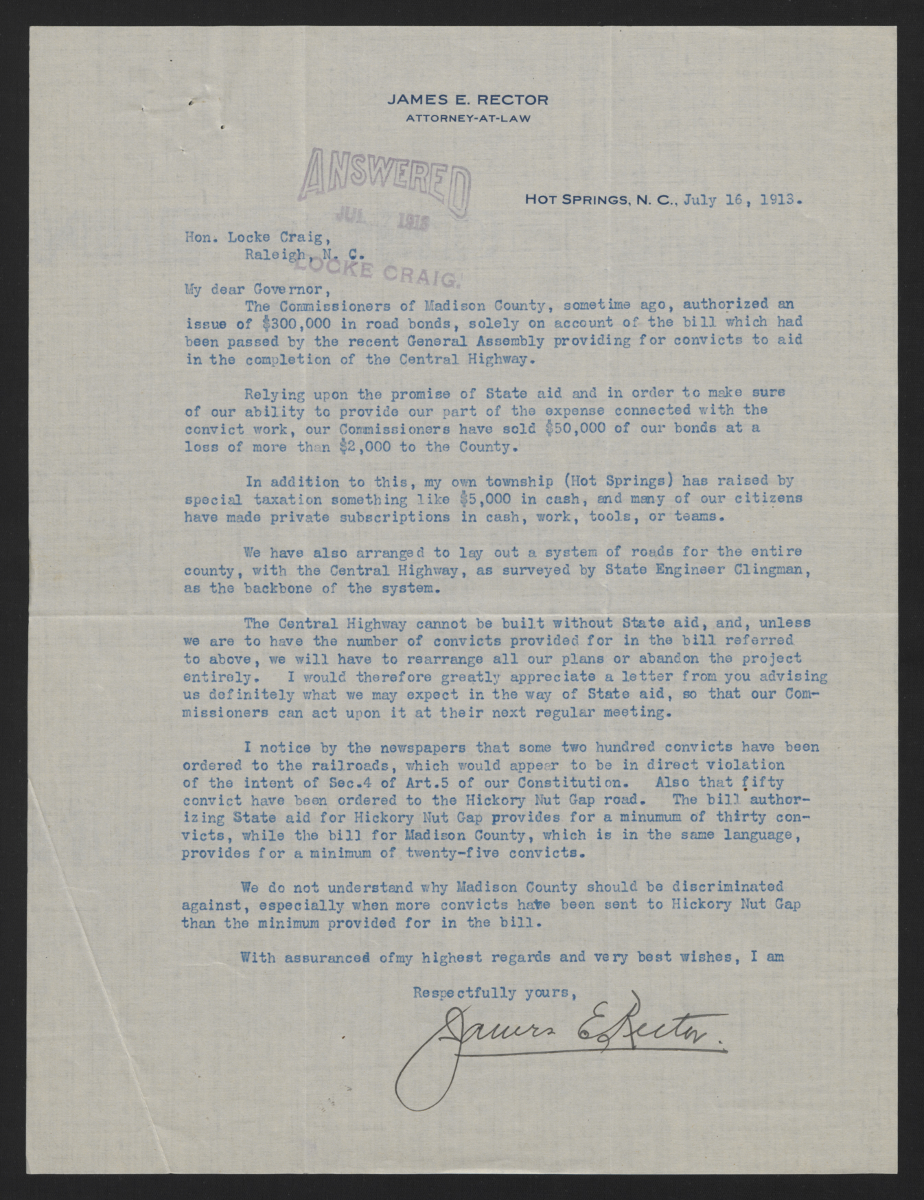 Letter from Rector to Craig, July 16, 1913