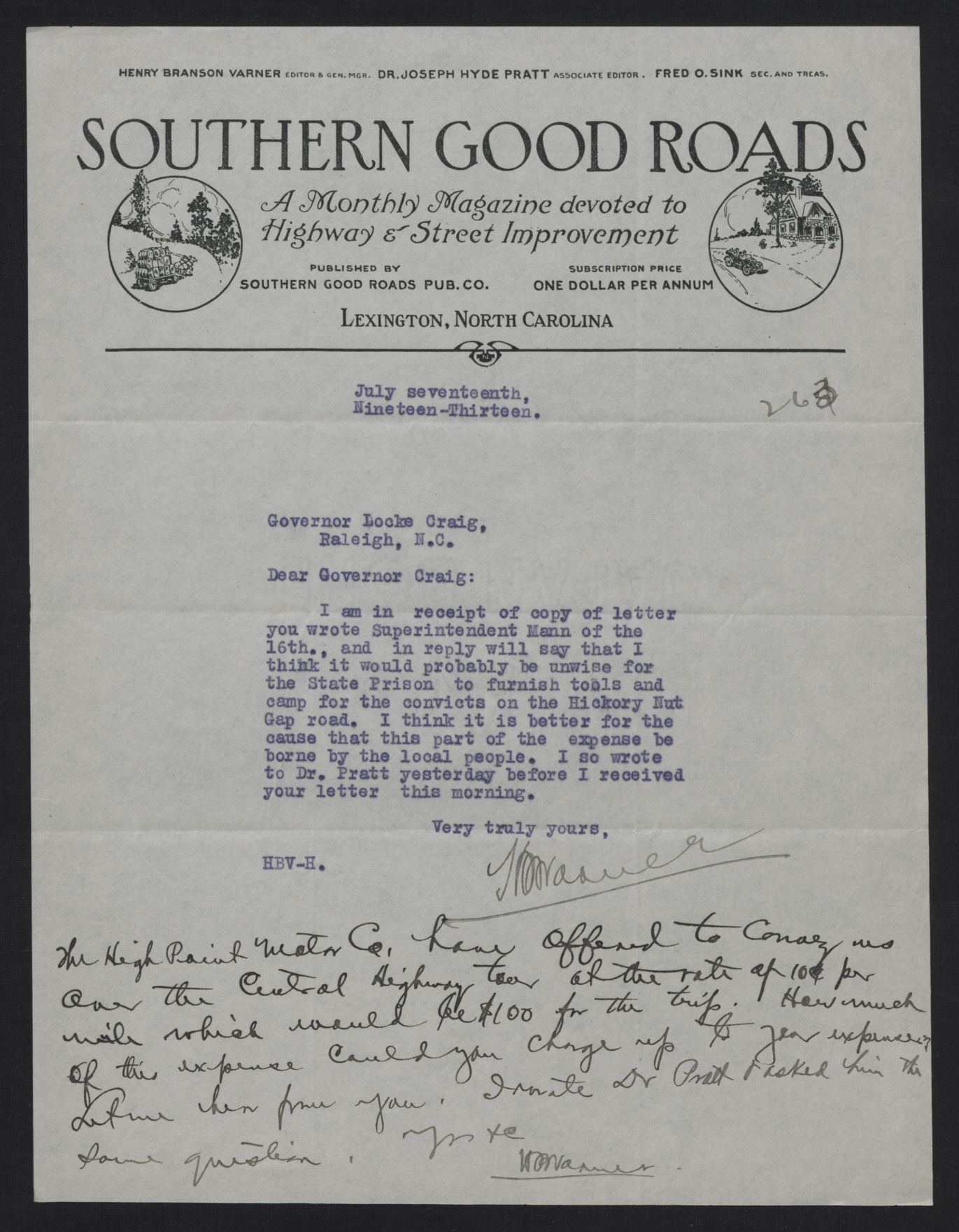 Letter from Varner to Craig, July 17, 1913