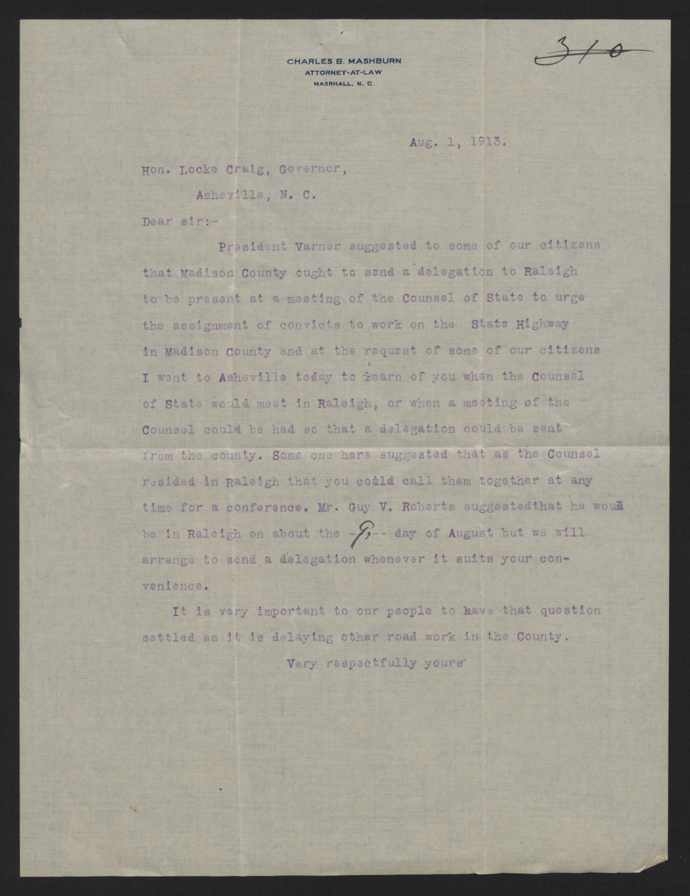 Letter from Mashburn to Craig, August 1, 1913
