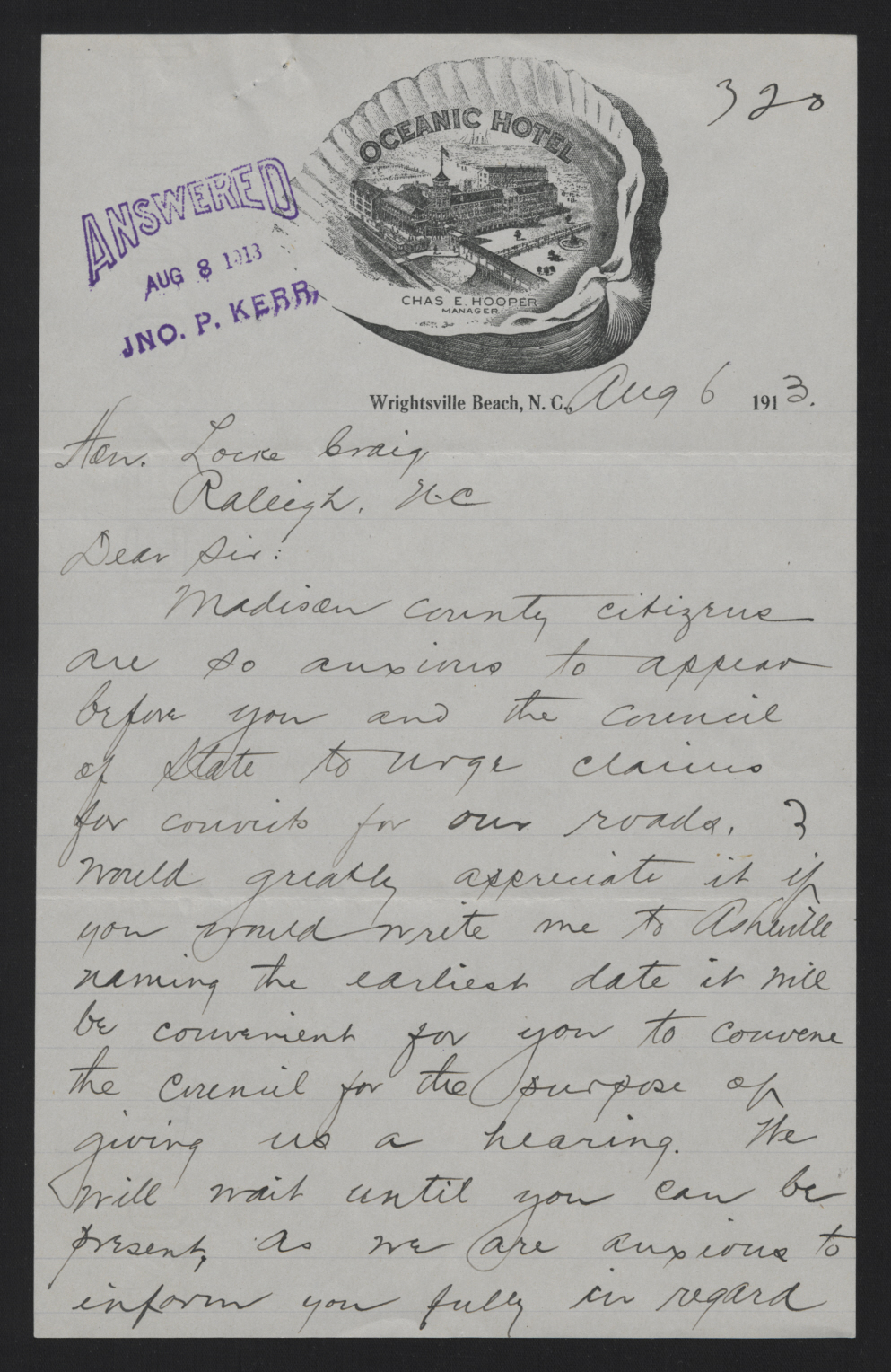 Letter from Rector to Craig, August 6, 1913, page 1