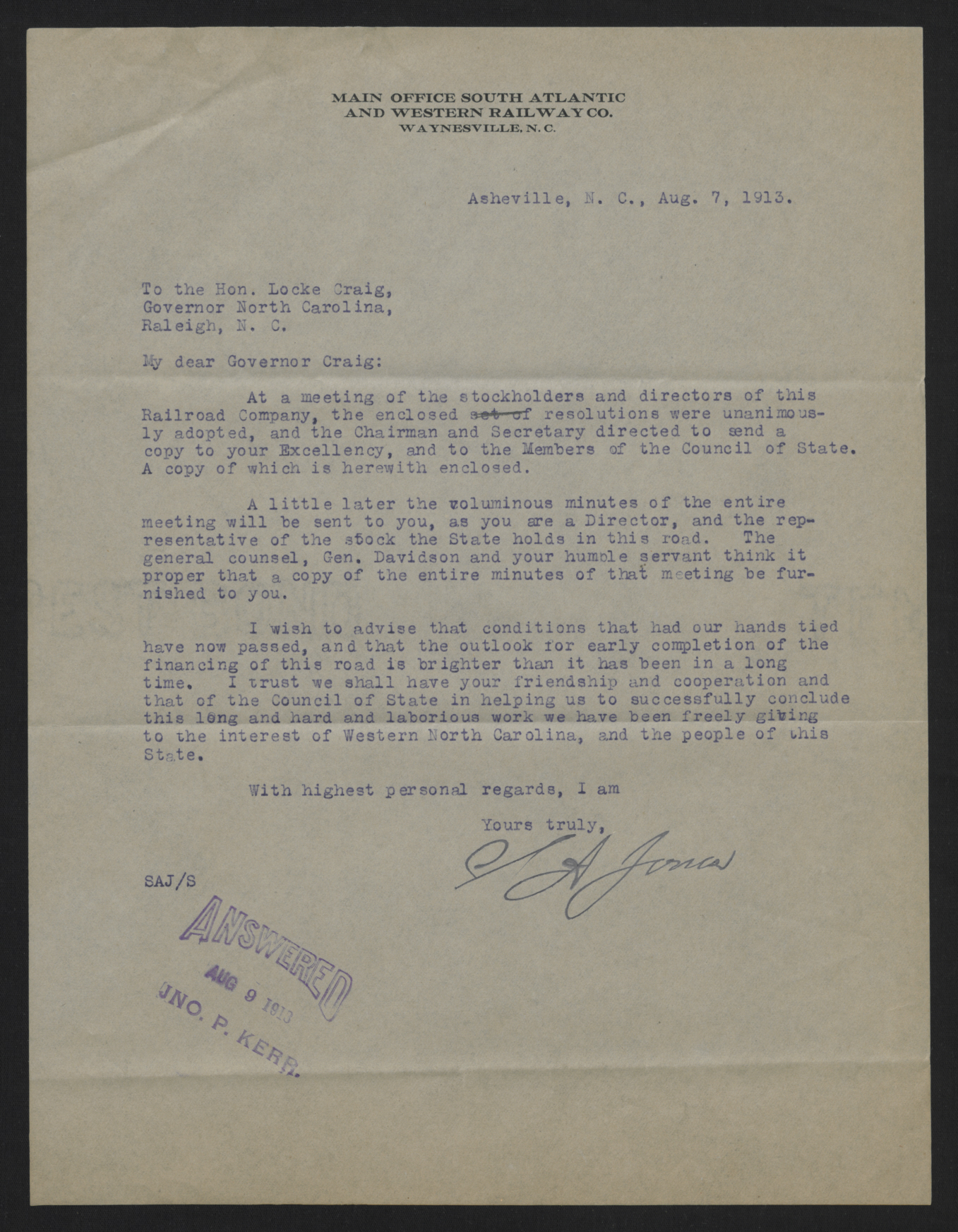 Letter from Jones to Craig, August 7, 1913