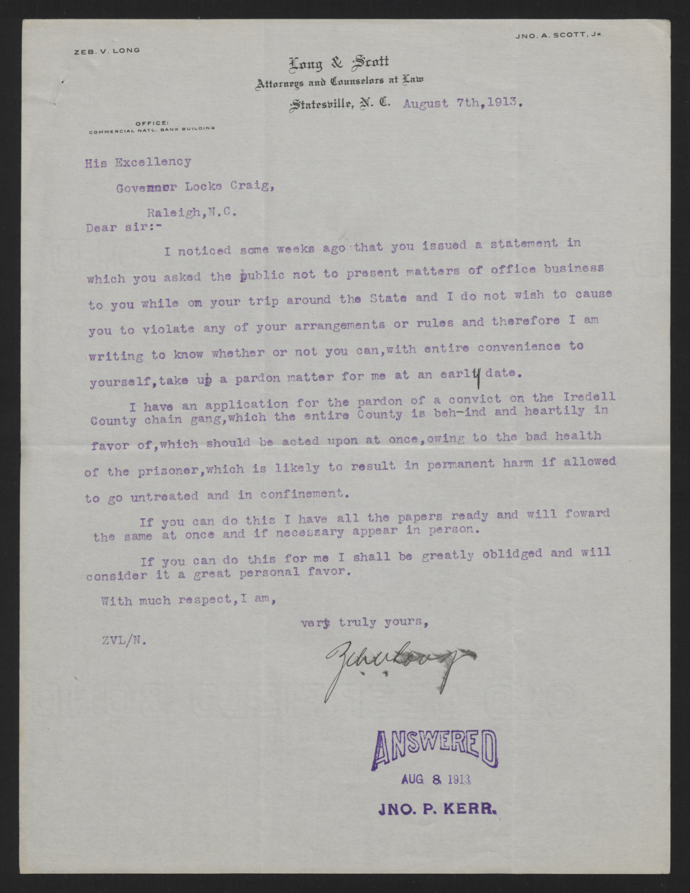 Letter from Long to Craig, August 7, 1913