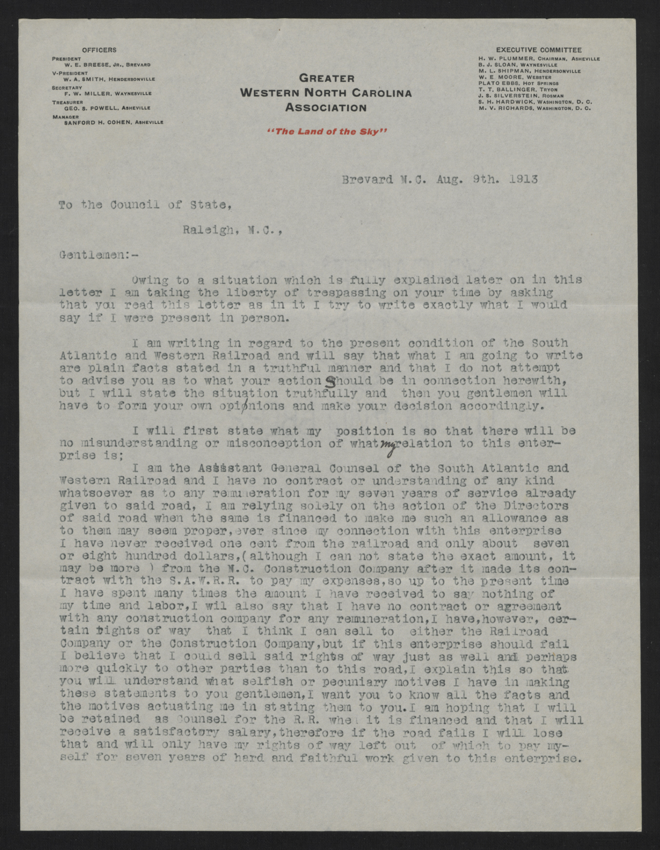 Letter from Breese to the Council of State, August 9, 1913, page 1