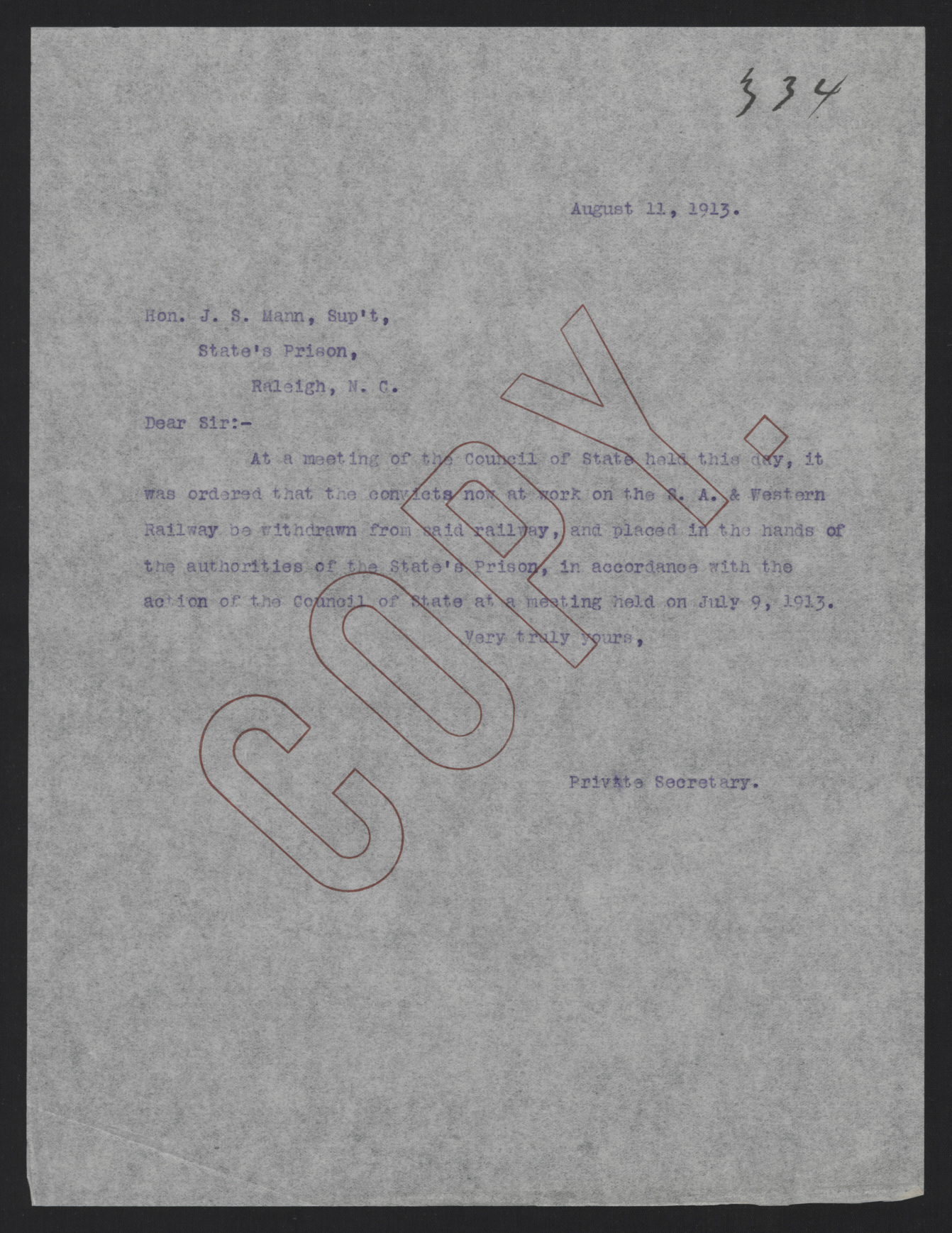 Letter from Kerr to Mann, August 11, 1913