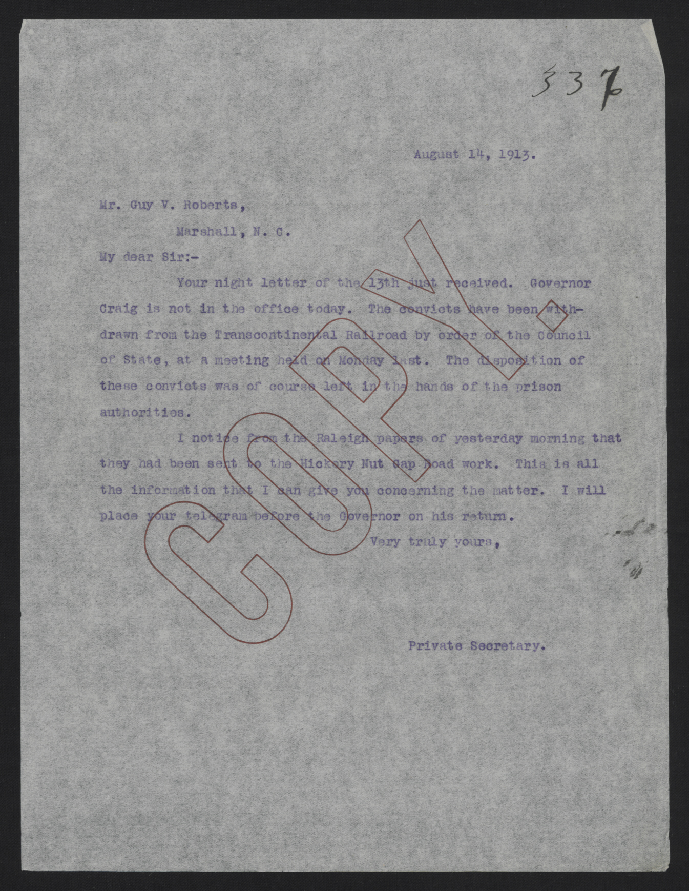 Letter from Kerr to Roberts, August 14, 1913