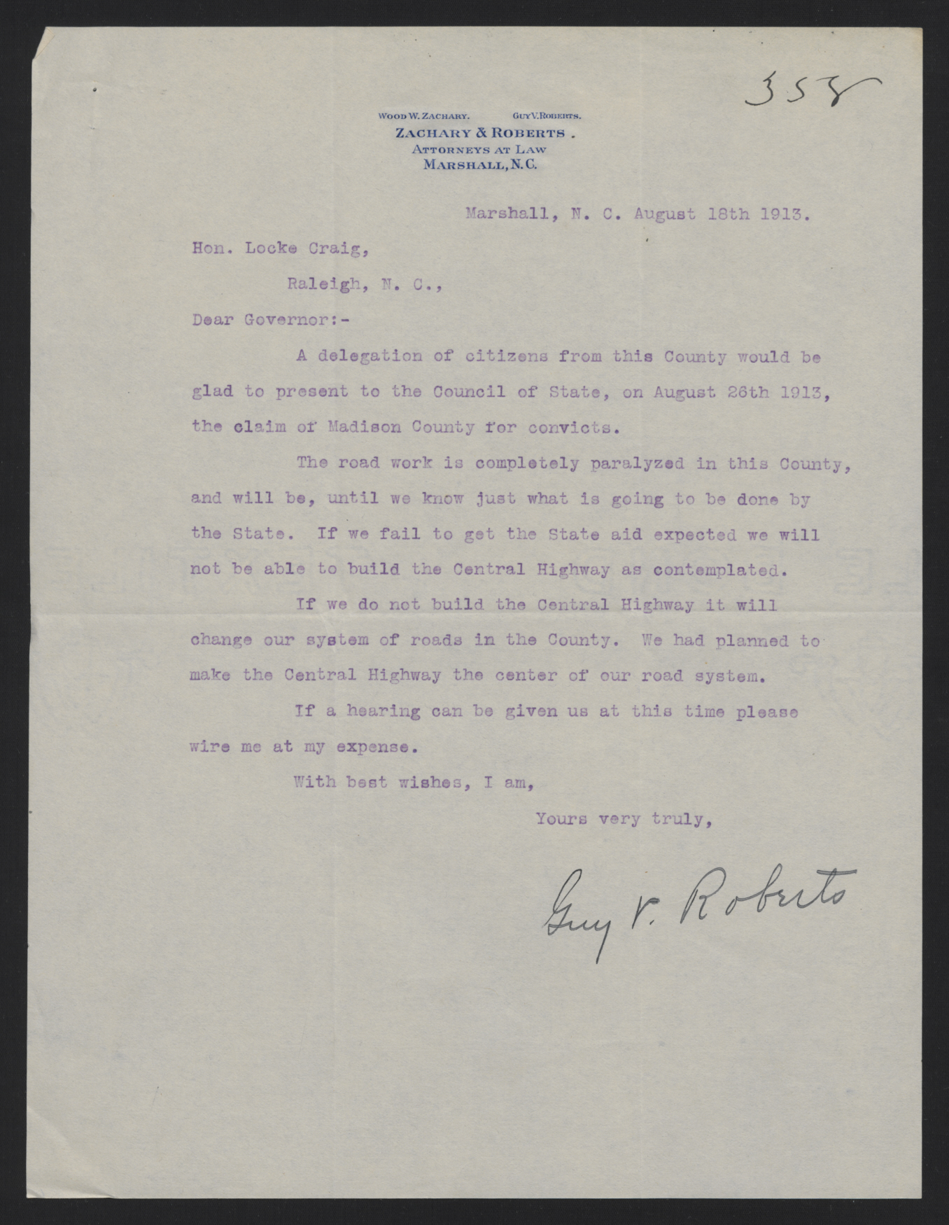 Letter from Roberts to Craig, August 18, 1913