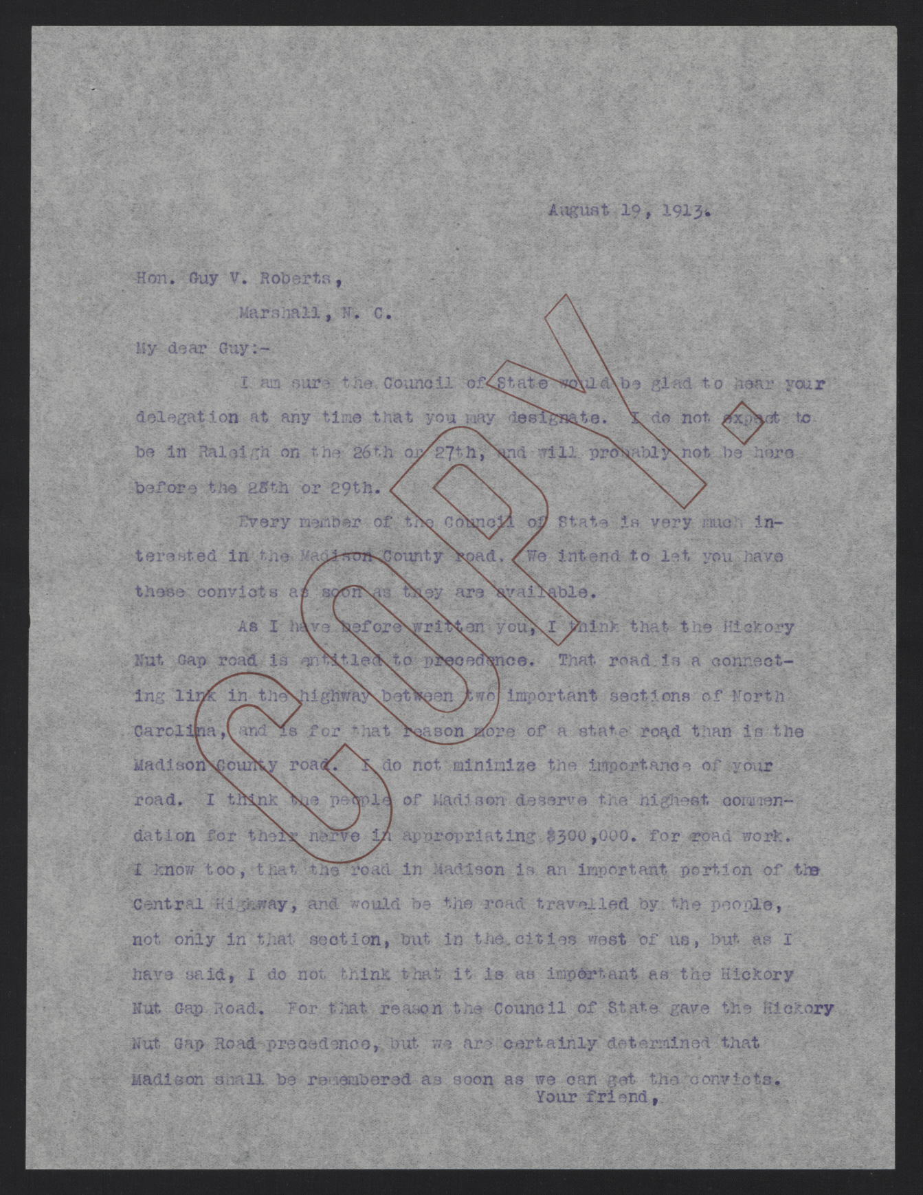 Letter from Craig to Roberts, August 19, 1913