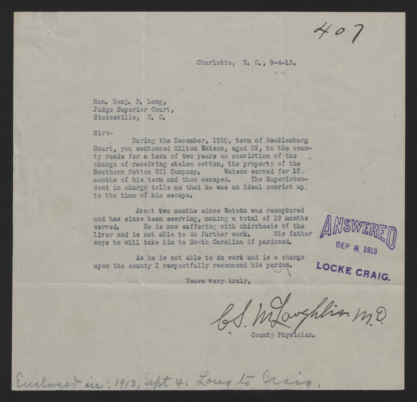 Letter from McLaughlin to Long, September 4, 1913