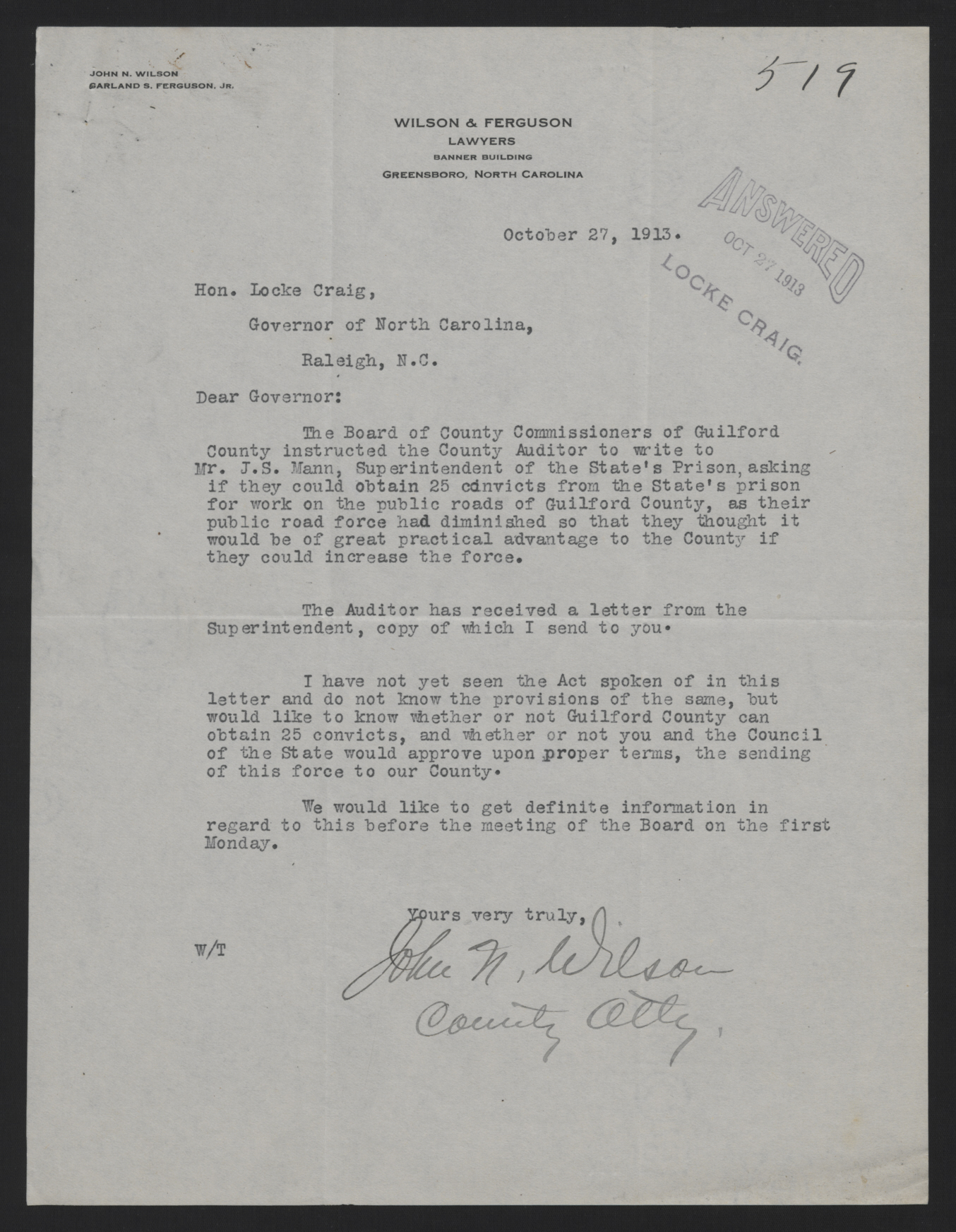 Letter from Wilson to Craig, October 27, 1913