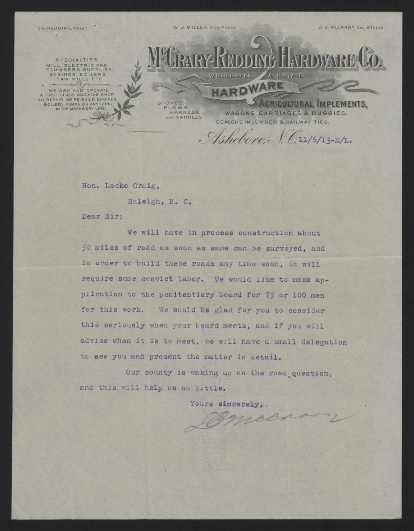 Letter from McCrary to Craig, November 6, 1913