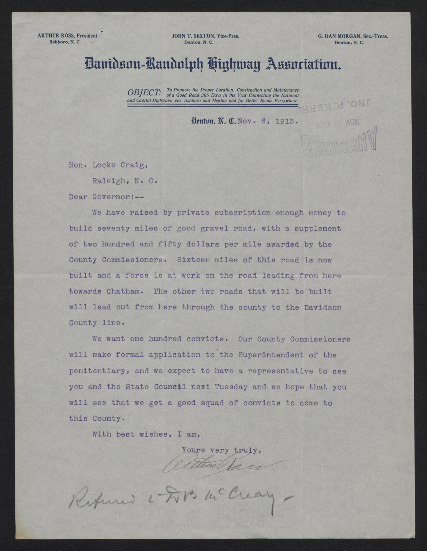 Letter from Ross to Craig, November 6, 1913