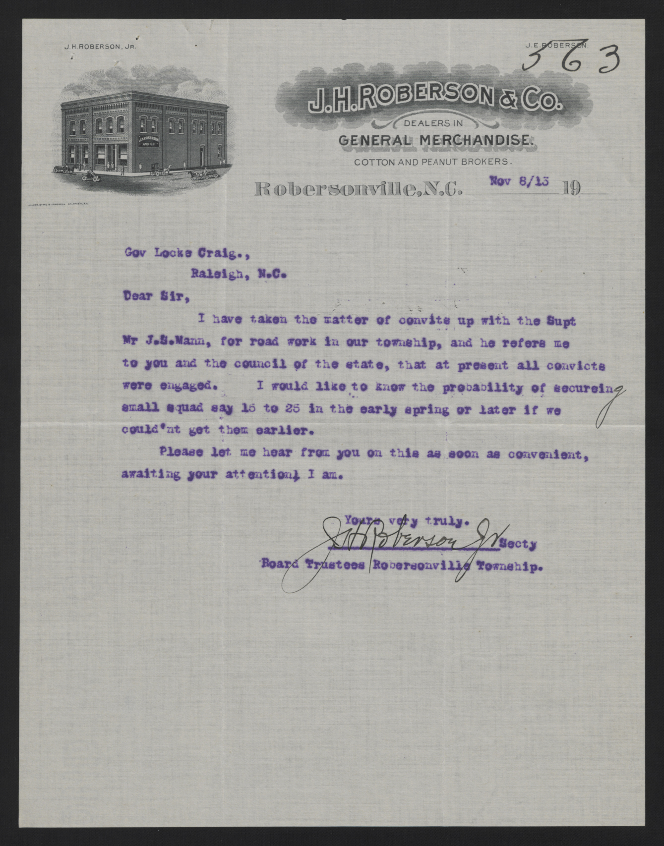 Letter from Roberson to Craig, November 8, 1913