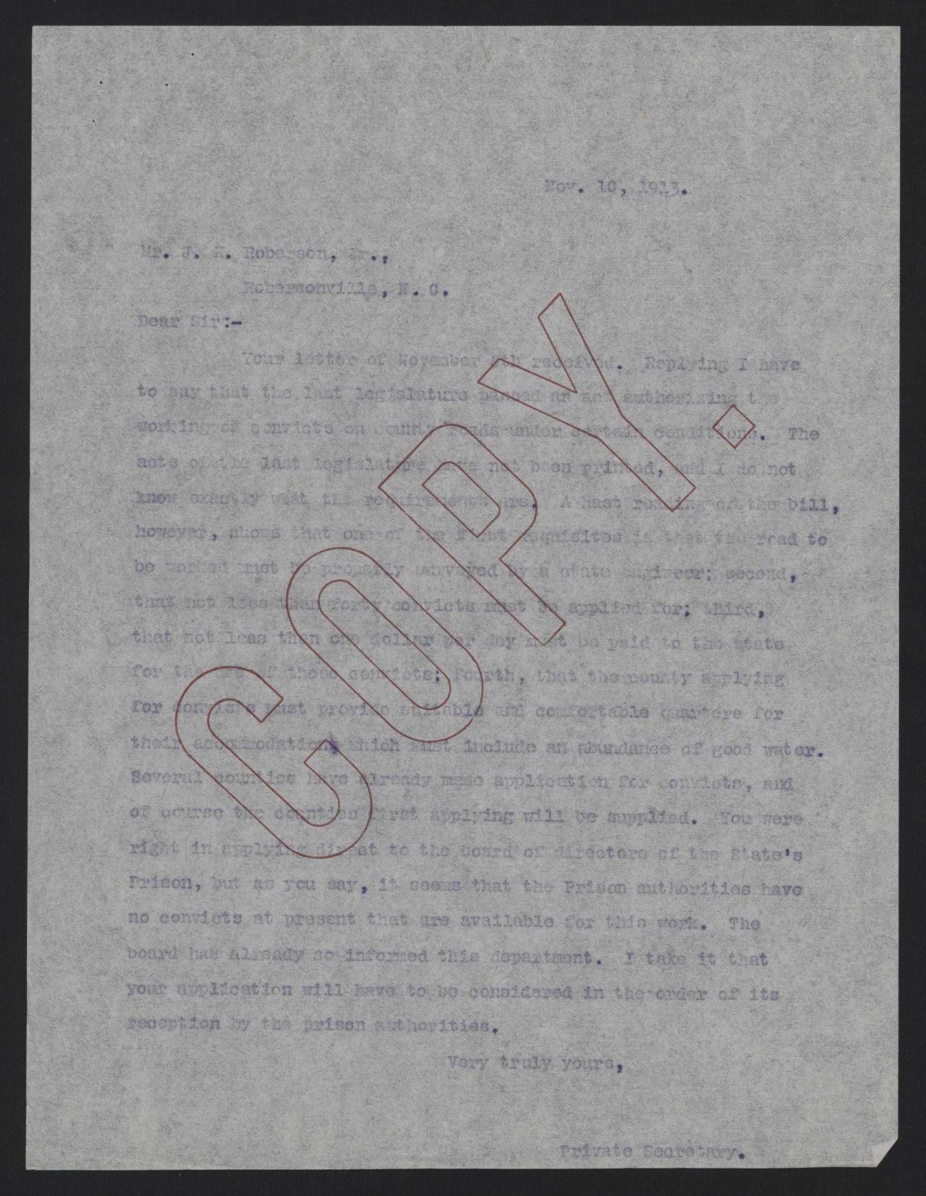 Letter from Kerr to Roberson, November 10, 1913