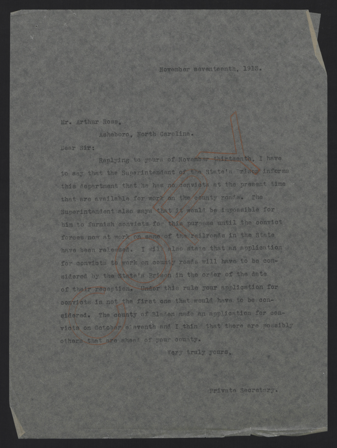 Letter from Kerr to Ross, November 17, 1913